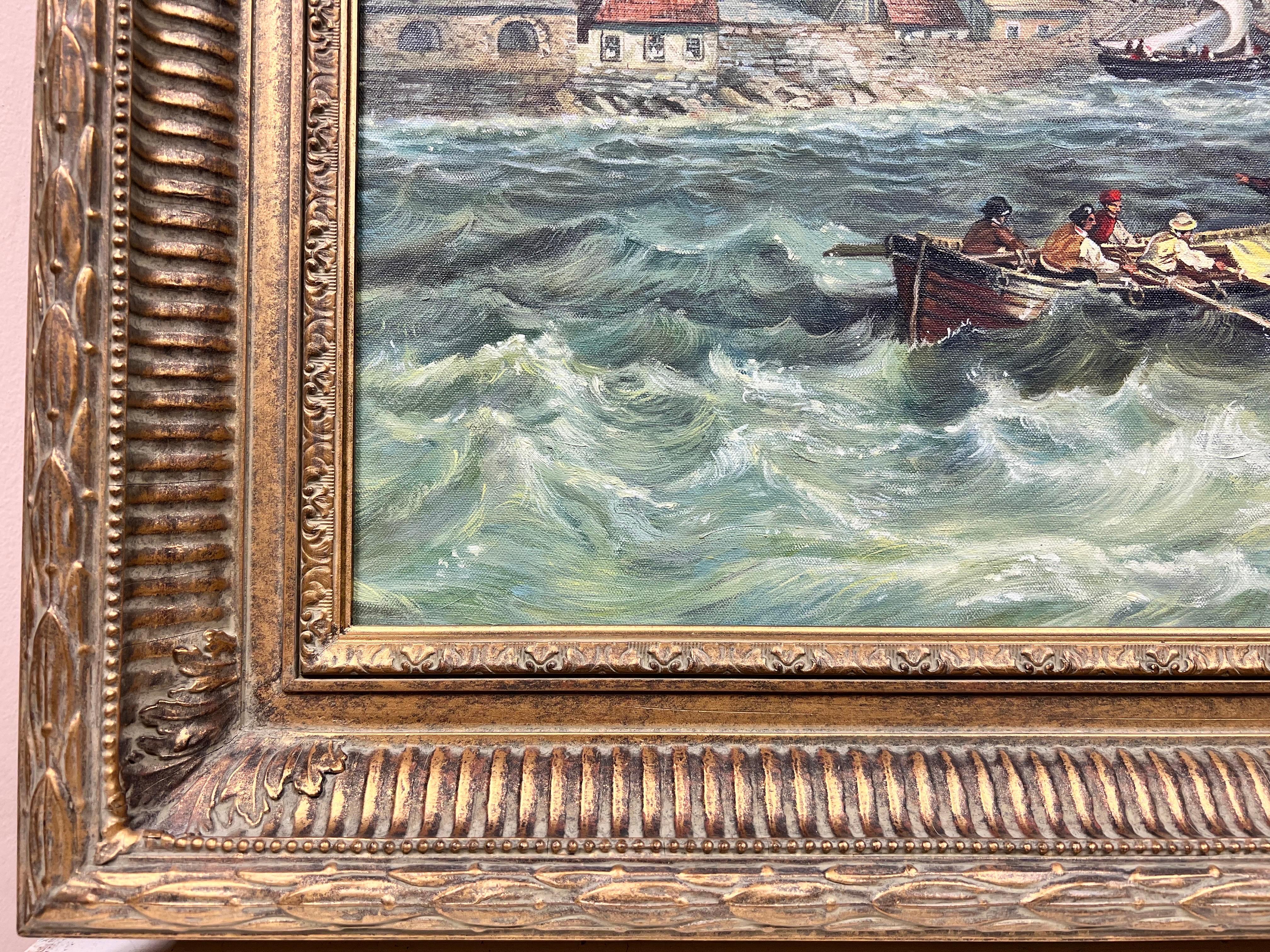 Peinture à l'huile de la marine britannique représentant des bateaux à voile par l'entrée du vieux port et la ville en vente 6