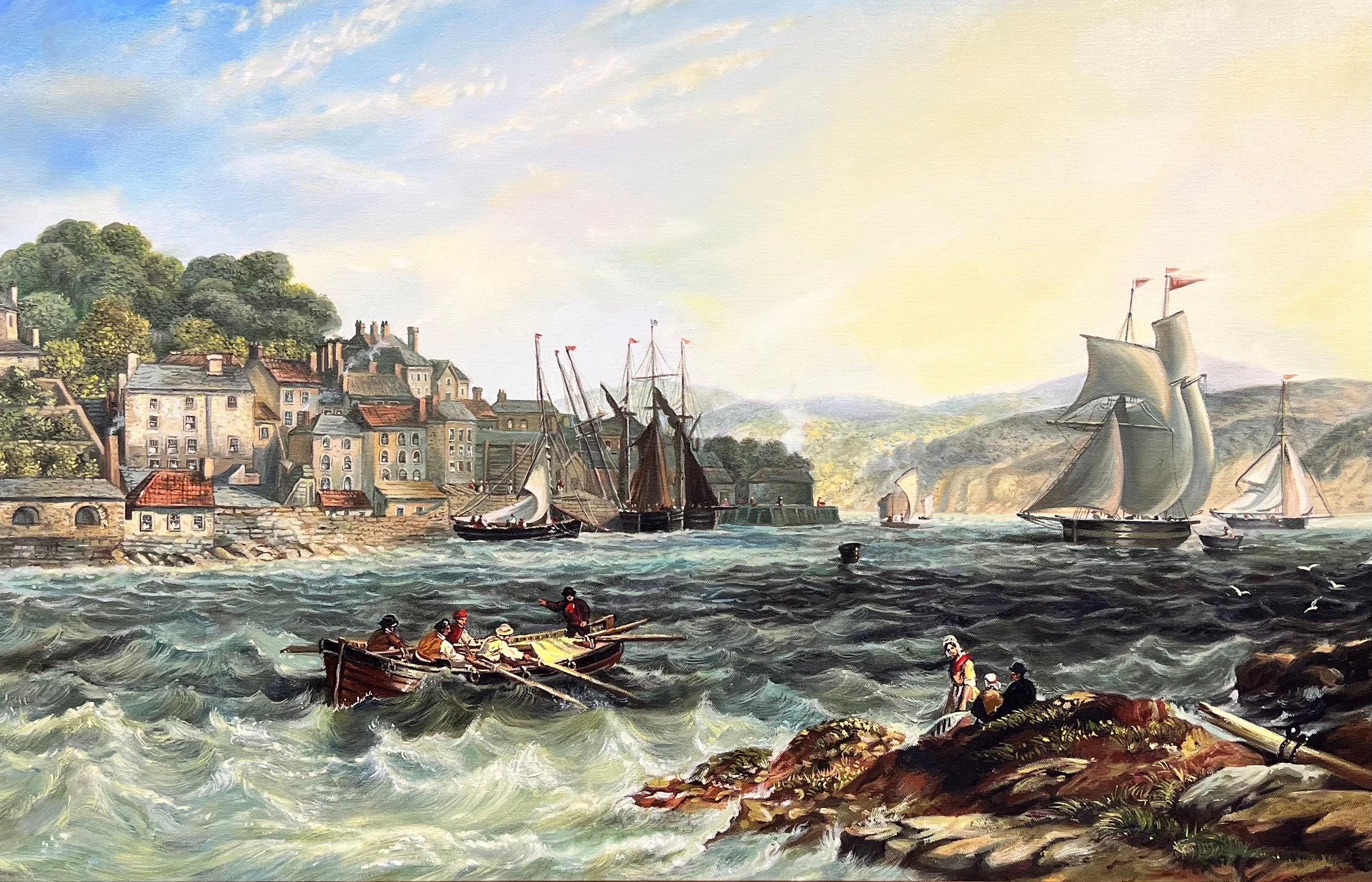 Peinture à l'huile de la marine britannique représentant des bateaux à voile par l'entrée du vieux port et la ville - Painting de British marine