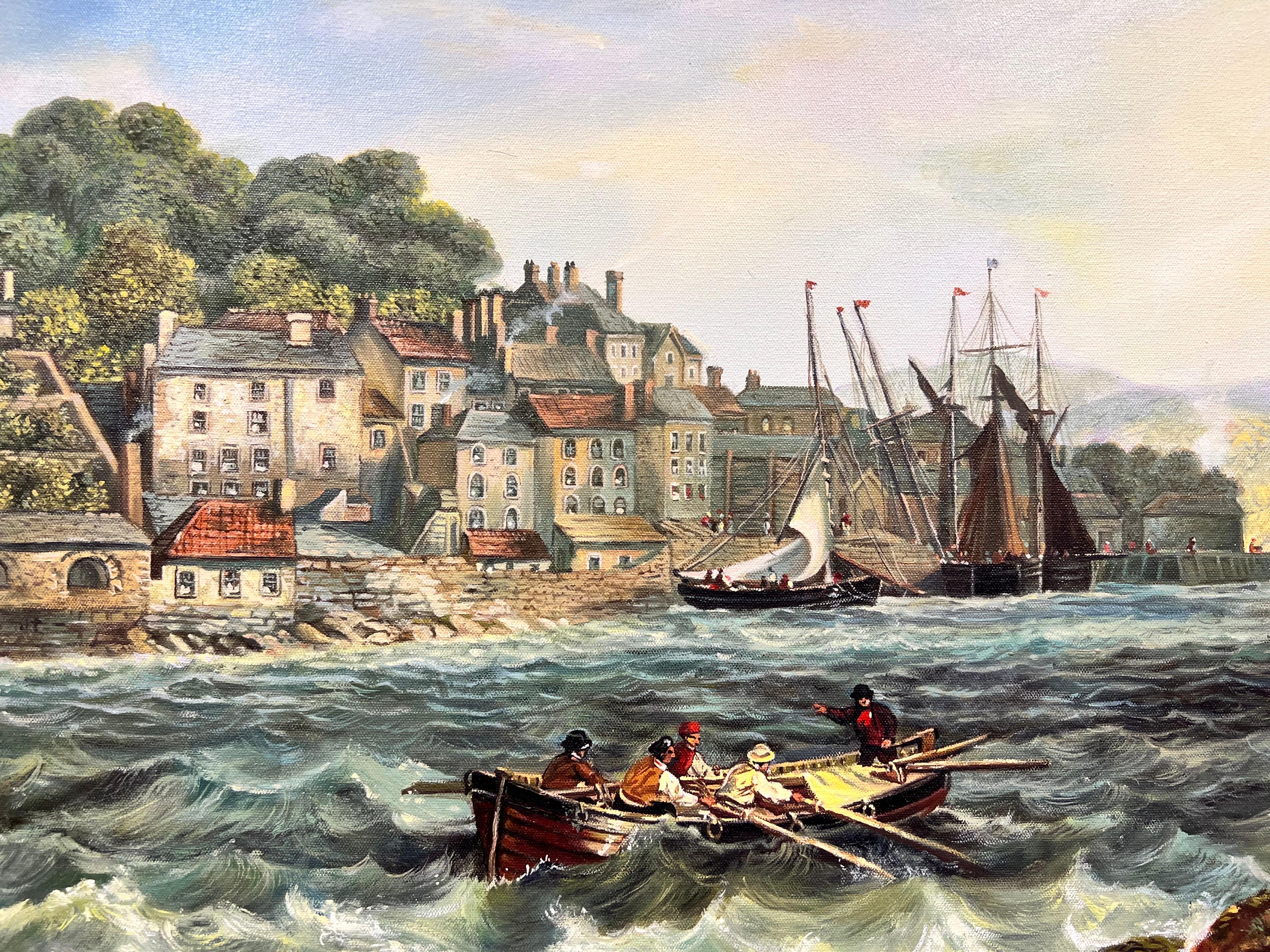 Schönes Ölgemälde der britischen Marine, Segelboote von Old Harbour Entrance & Town (Viktorianisch), Painting, von British marine
