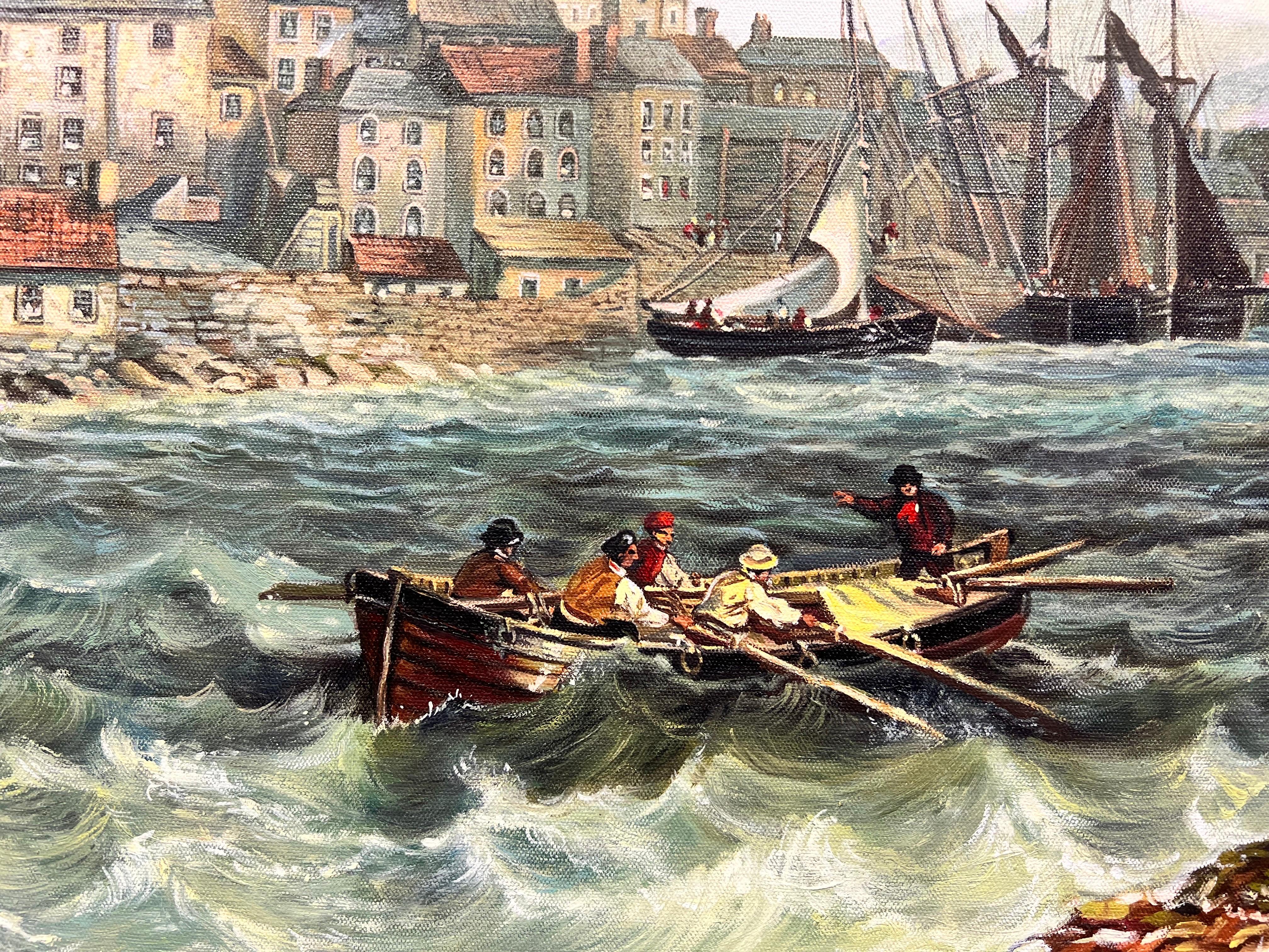 Fine British Marine Oil Painting Sailing Boats by Old Harbour Entrance & Town For Sale 1