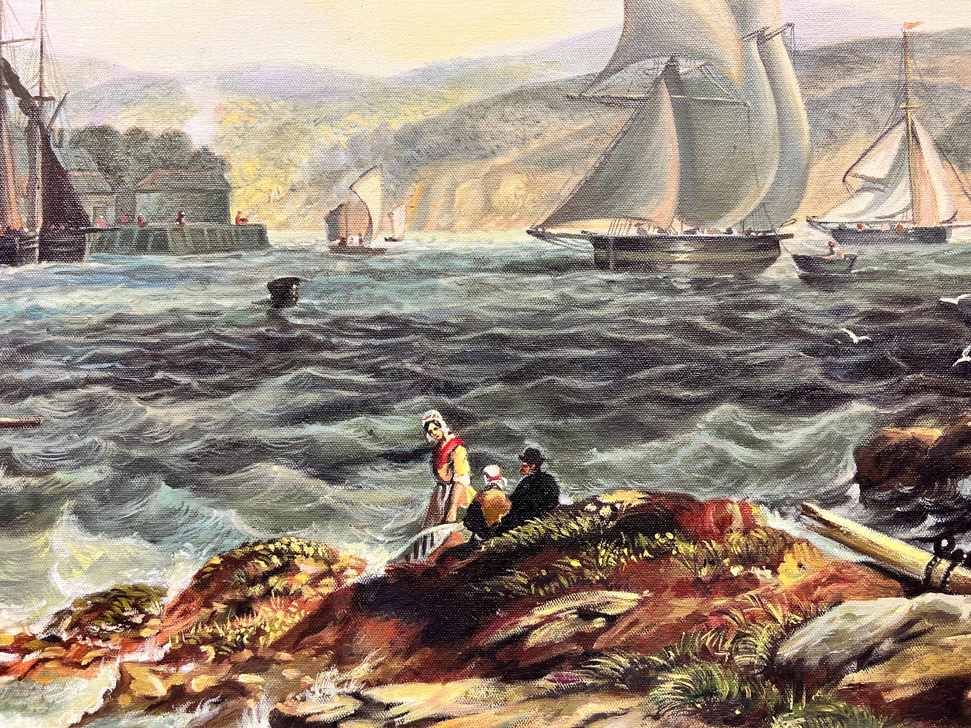 Peinture à l'huile de la marine britannique représentant des bateaux à voile par l'entrée du vieux port et la ville en vente 1