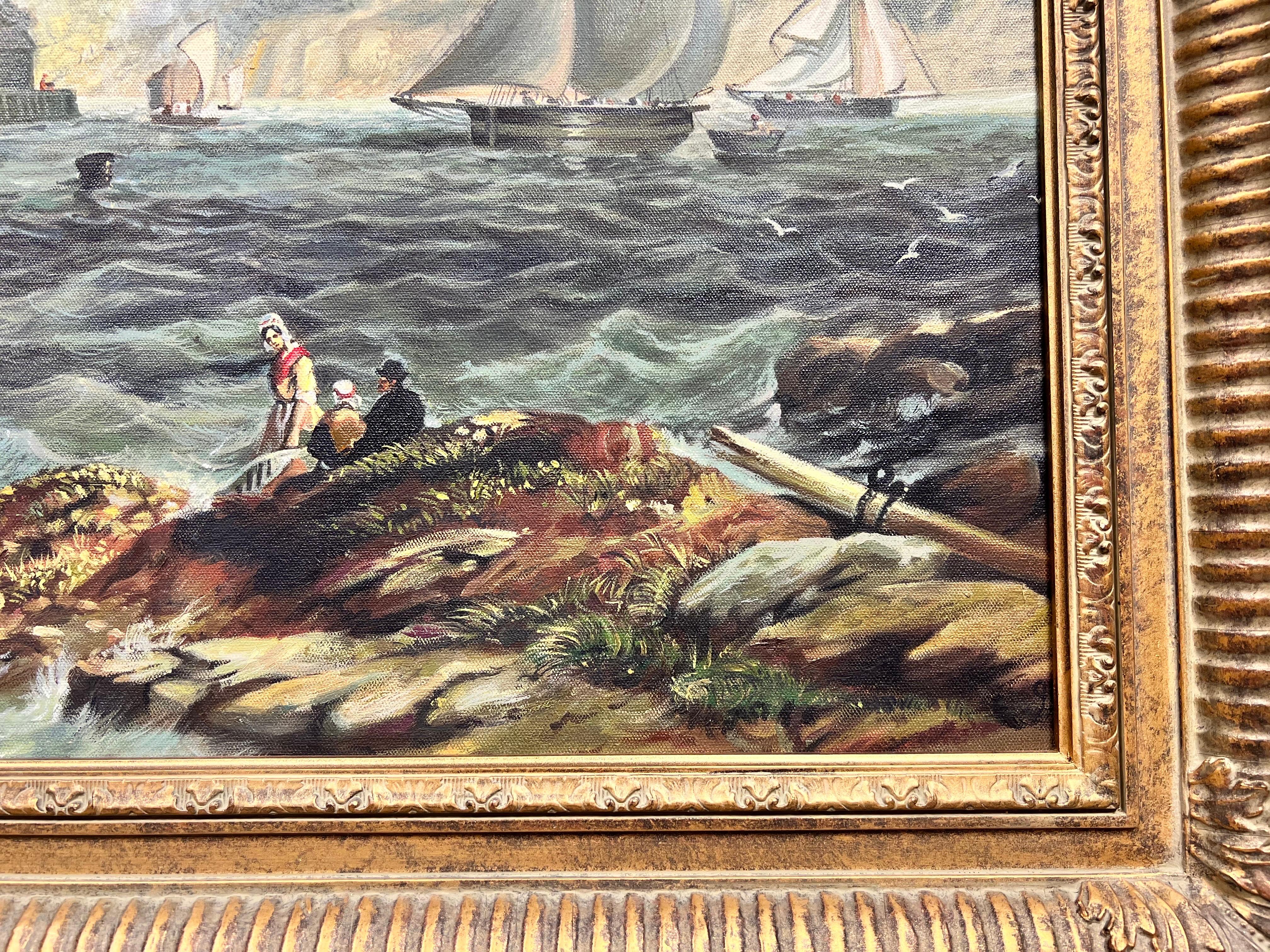 Peinture à l'huile de la marine britannique représentant des bateaux à voile par l'entrée du vieux port et la ville en vente 2