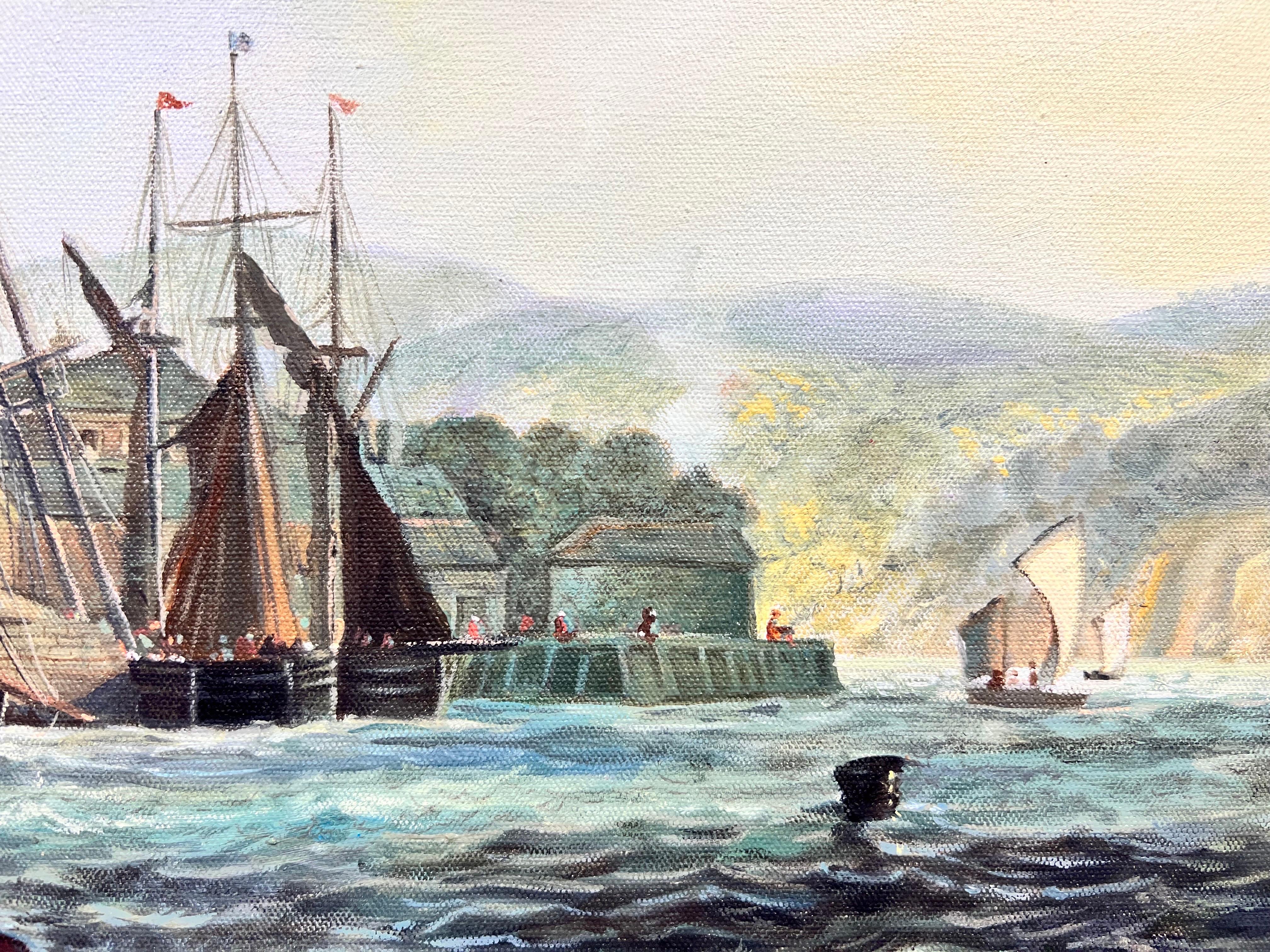 Peinture à l'huile de la marine britannique représentant des bateaux à voile par l'entrée du vieux port et la ville en vente 4