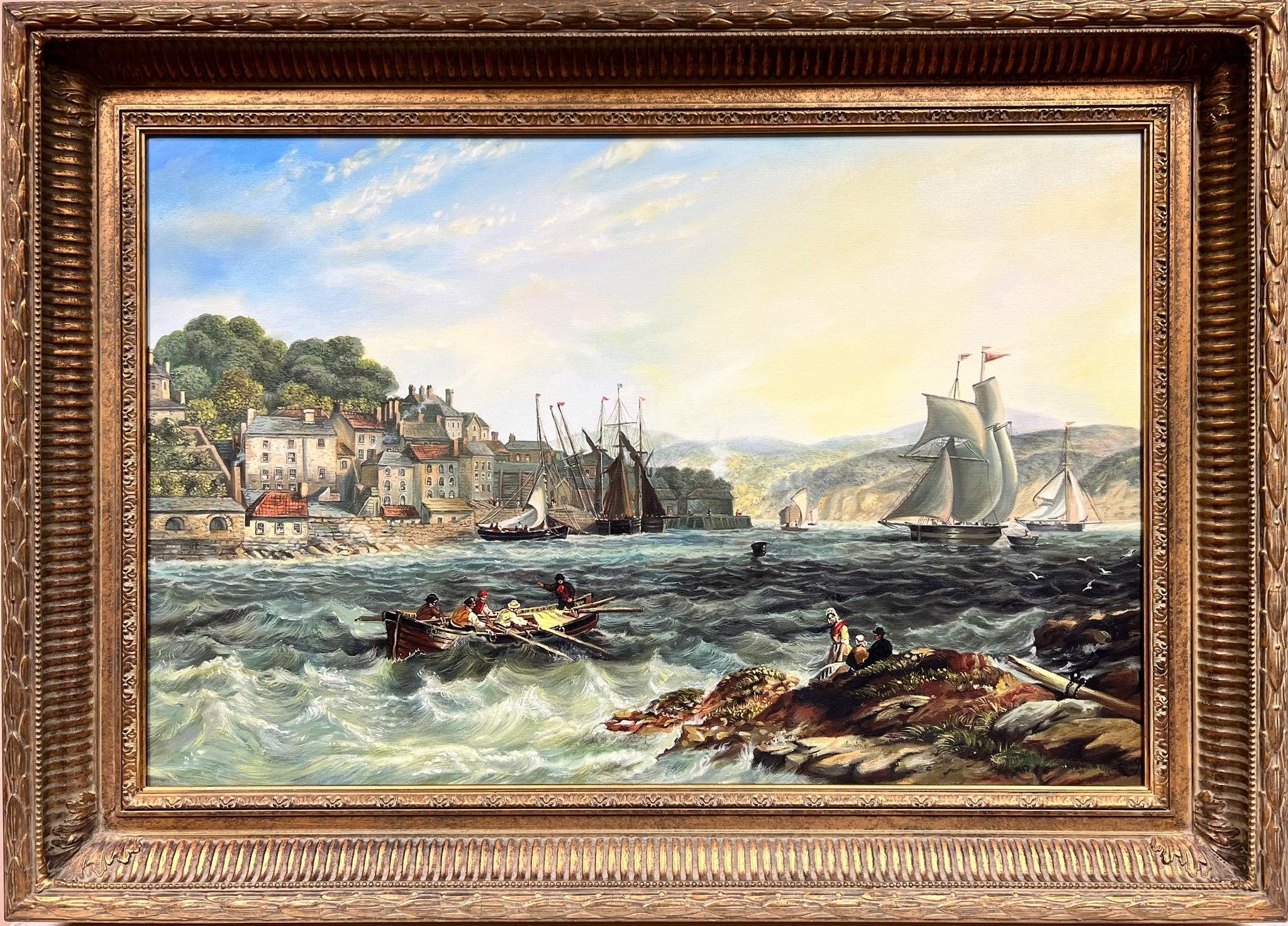 British marine Landscape Painting – Schönes Ölgemälde der britischen Marine, Segelboote von Old Harbour Entrance & Town