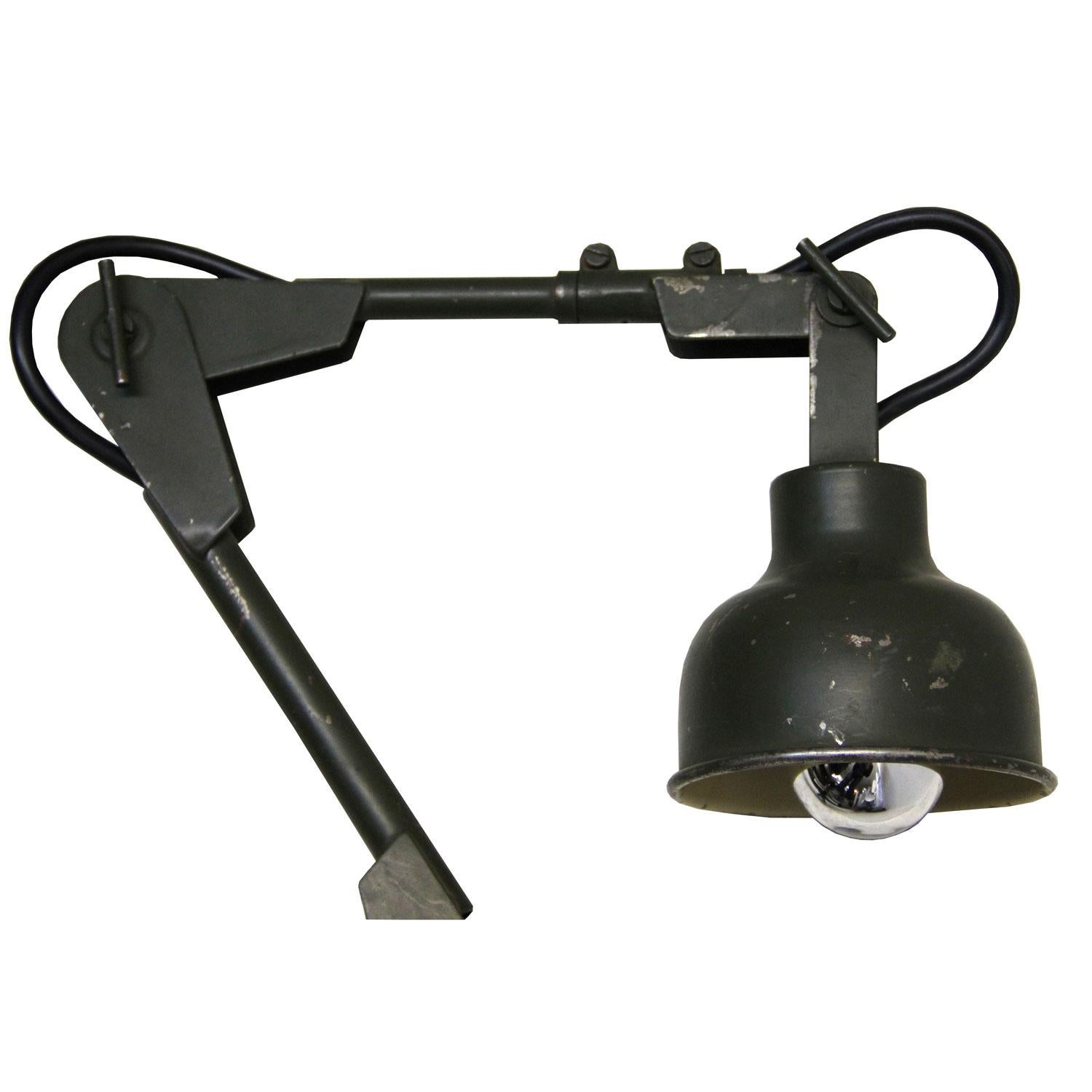 British metal industrial work light.
Green shade and arm with table clamp.

Weight: 2.5 kg / 5.5 lb.

Priced individual item. All lamps have been made suitable by international standards for incandescent light bulbs, energy-efficient and LED bulbs