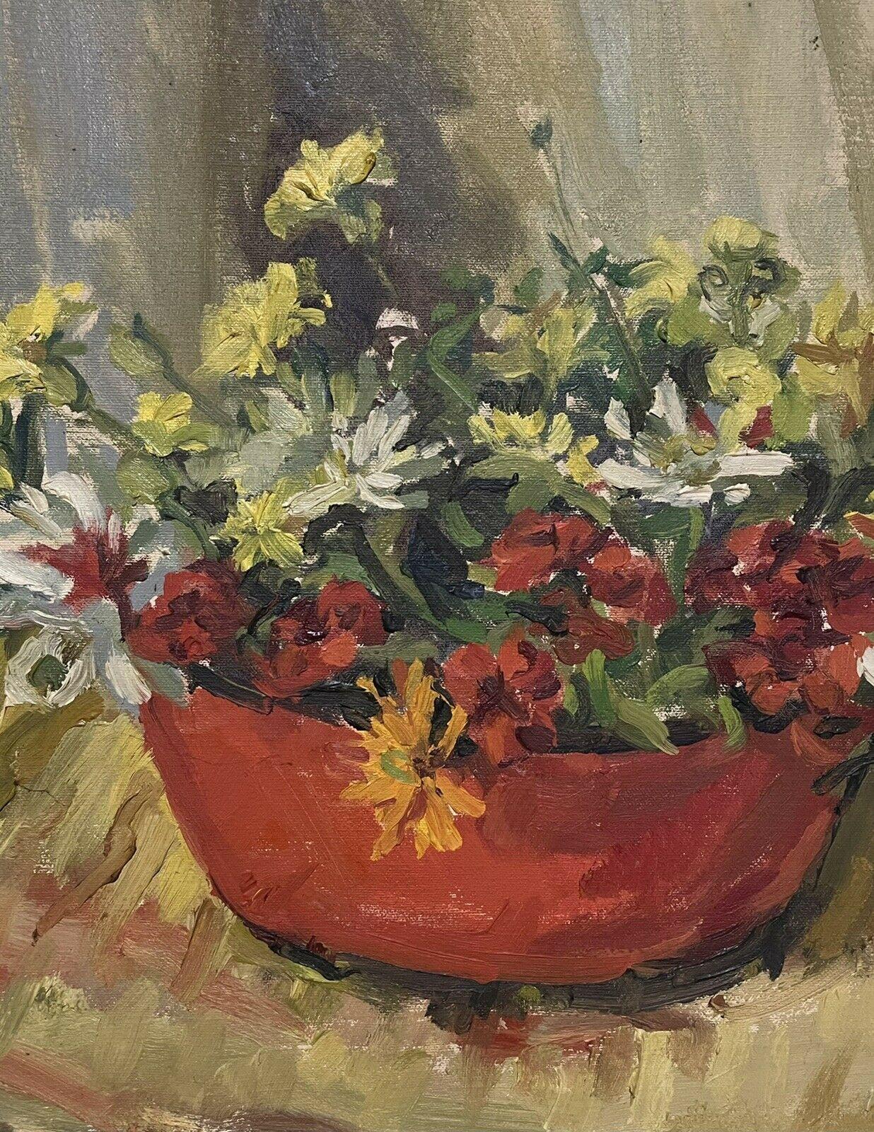 Artist/ School: British mid 20th century, signed

Title: Still life of flowers within an interior

Medium:  oil painting on canvas, framed

framed: 21.75 x 27.75 inches 
painting: 18 x 24 inches

Provenance: private collection

Condition: The