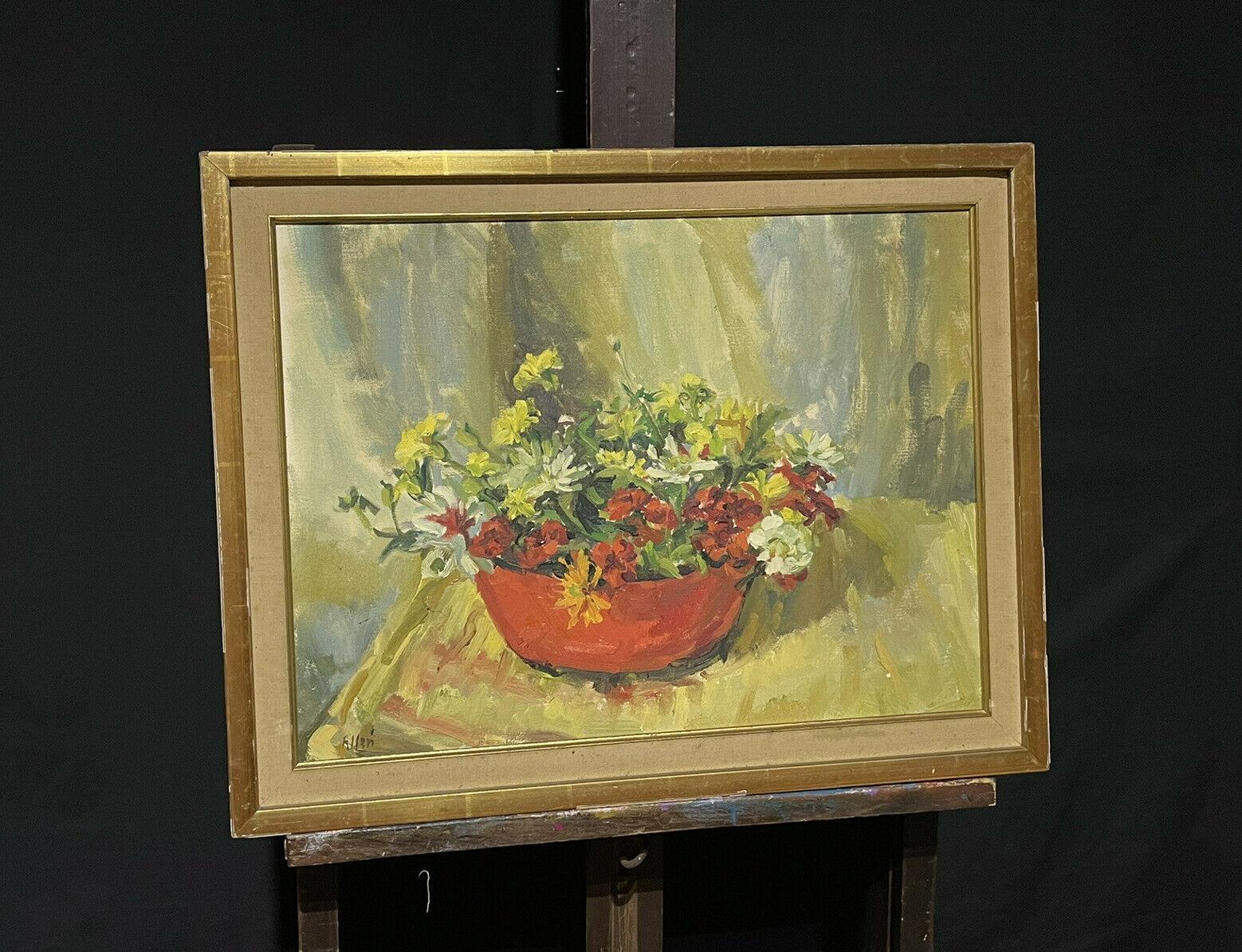 Large Mid 20th Century Signed Oil Painting Still Life Flowers in Interior For Sale 2