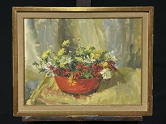 Vintage Large Mid 20th Century Signed Oil Painting Still Life Flowers in Interior