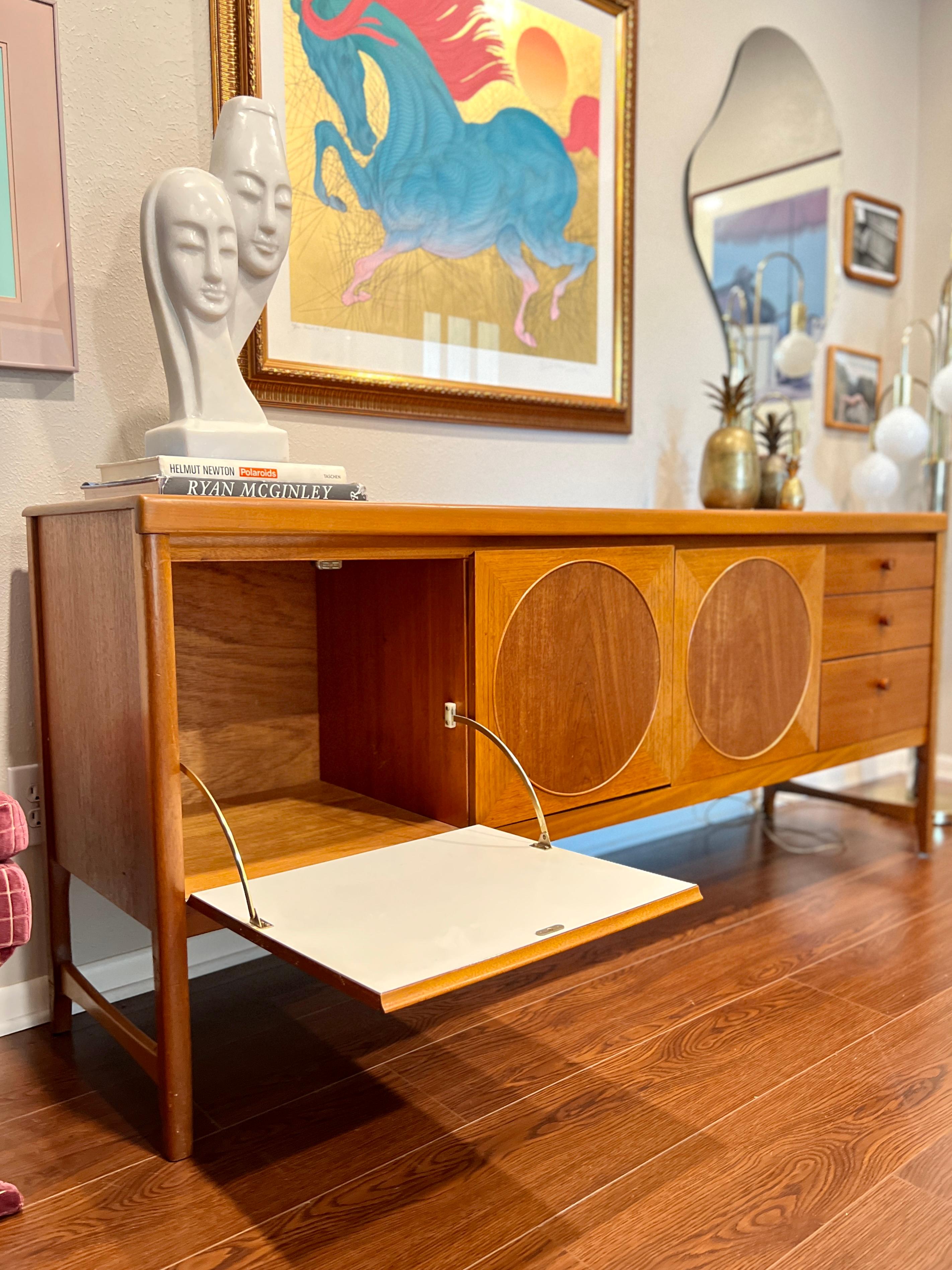 British mid century modern circle inlay teak sideboard by Nathan furniture 1