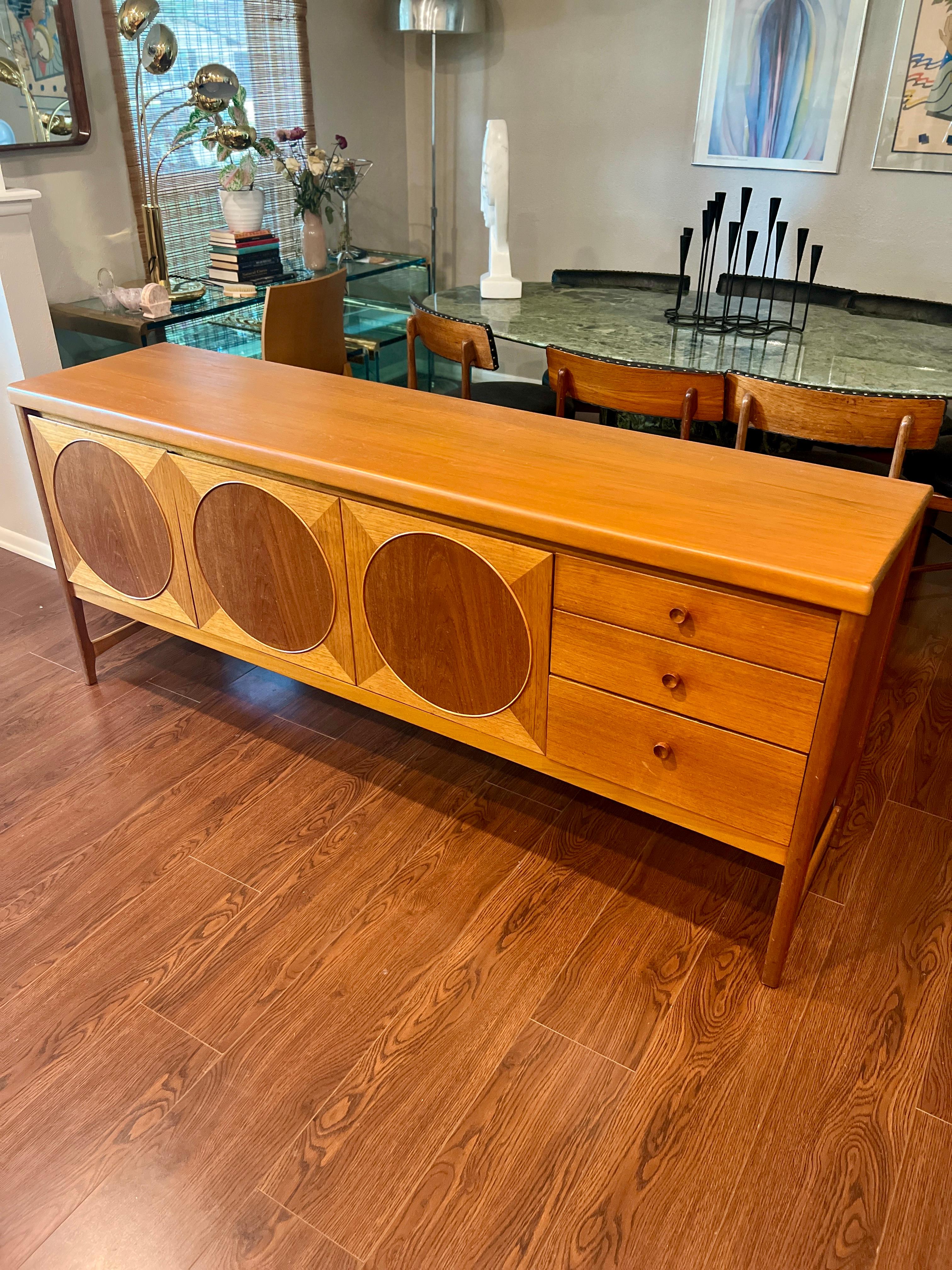 Mid-Century Modern British mid century modern circle inlay teak sideboard by Nathan furniture