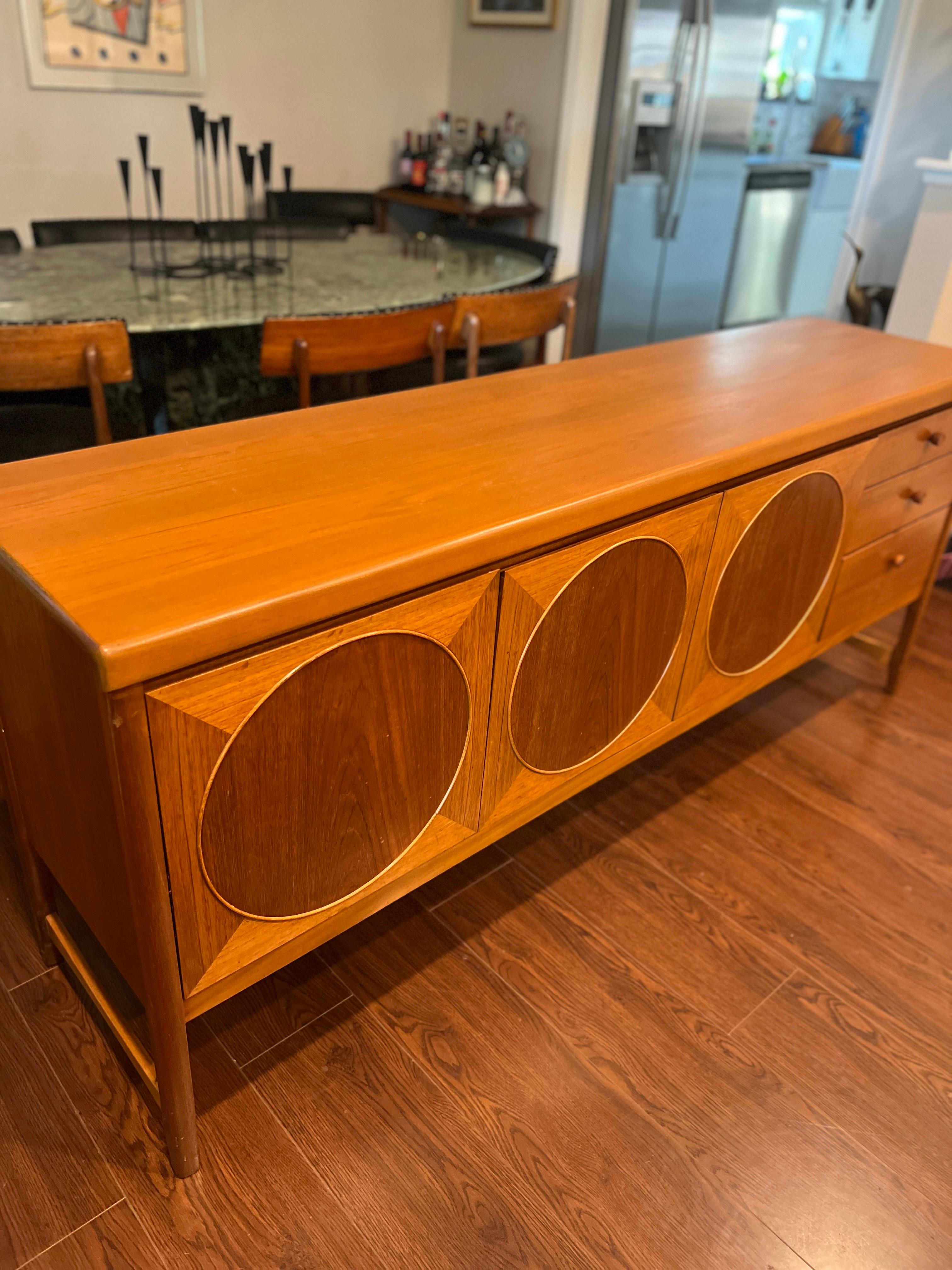 European British mid century modern circle inlay teak sideboard by Nathan furniture