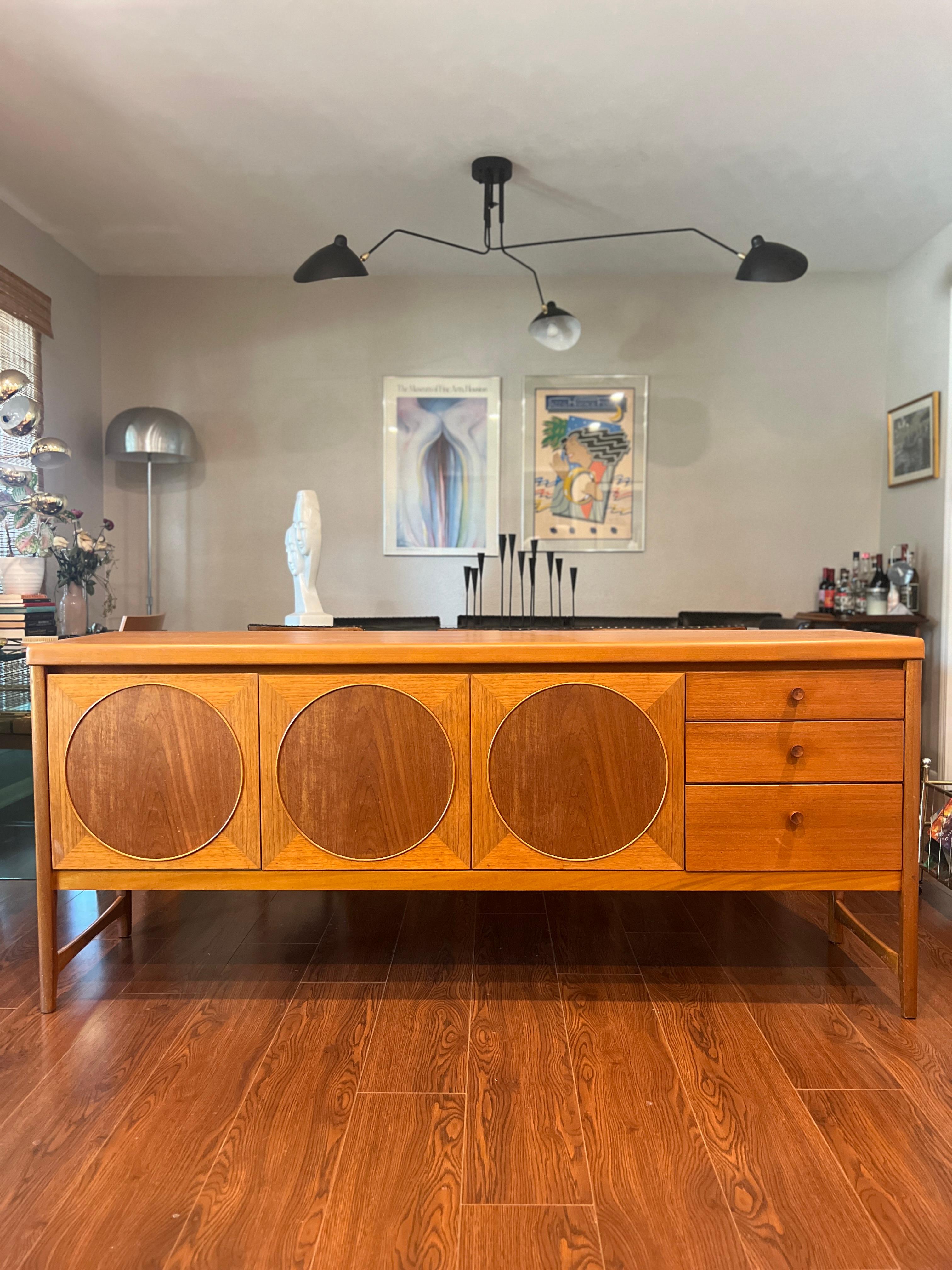 Veneer British mid century modern circle inlay teak sideboard by Nathan furniture