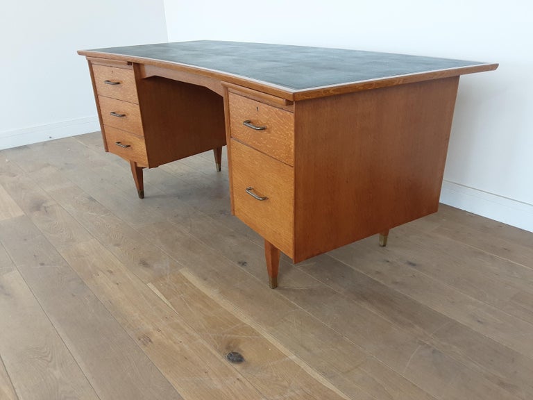British MidCentury Modern Design Golden Oak Curved Desk For Sale at