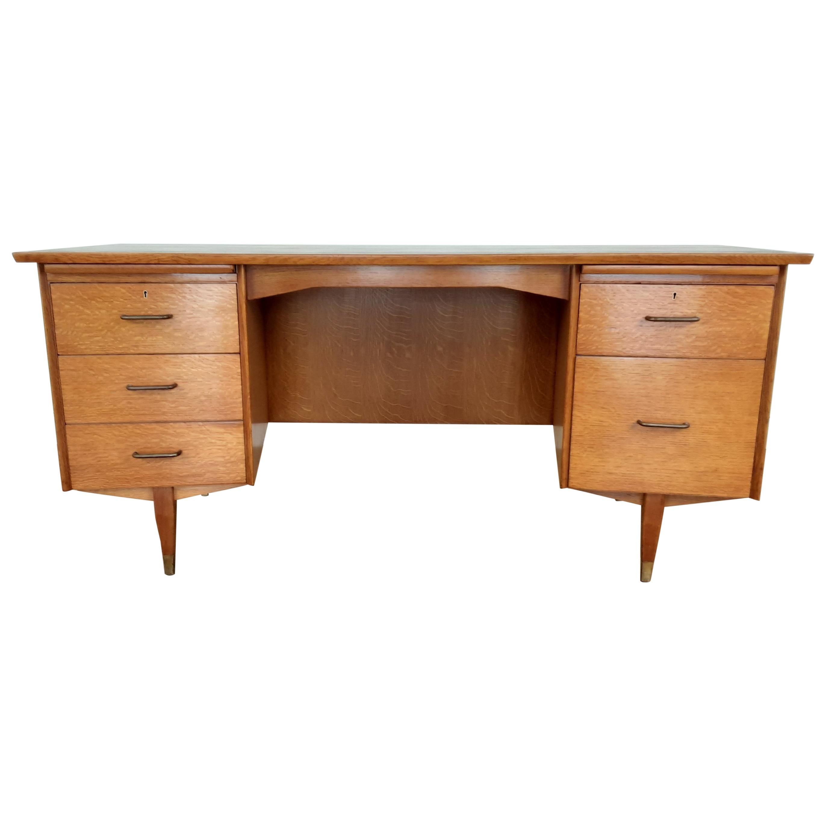British MidCentury Modern Design Golden Oak Curved Desk For Sale at
