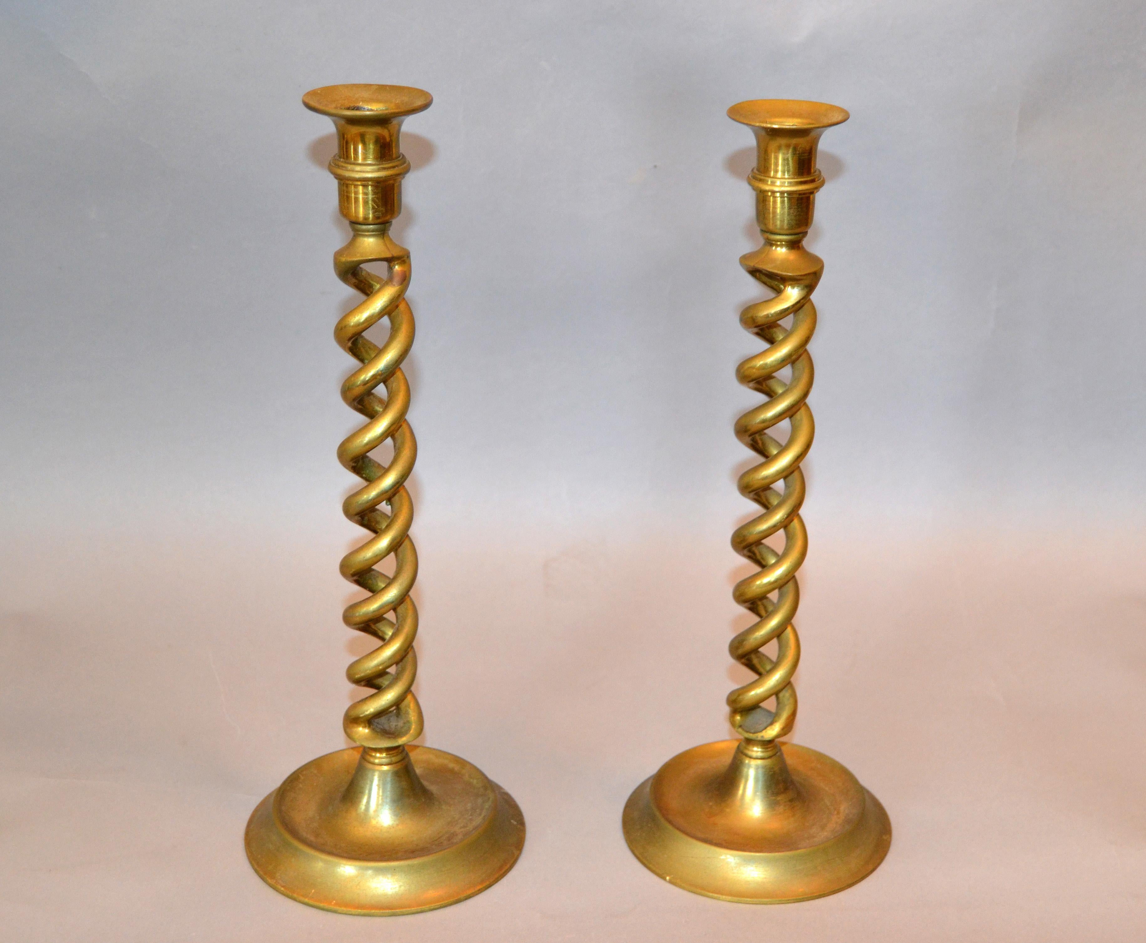 British Mid-Century Modern Spiral Bronze Candlesticks Made In England, Pair 1