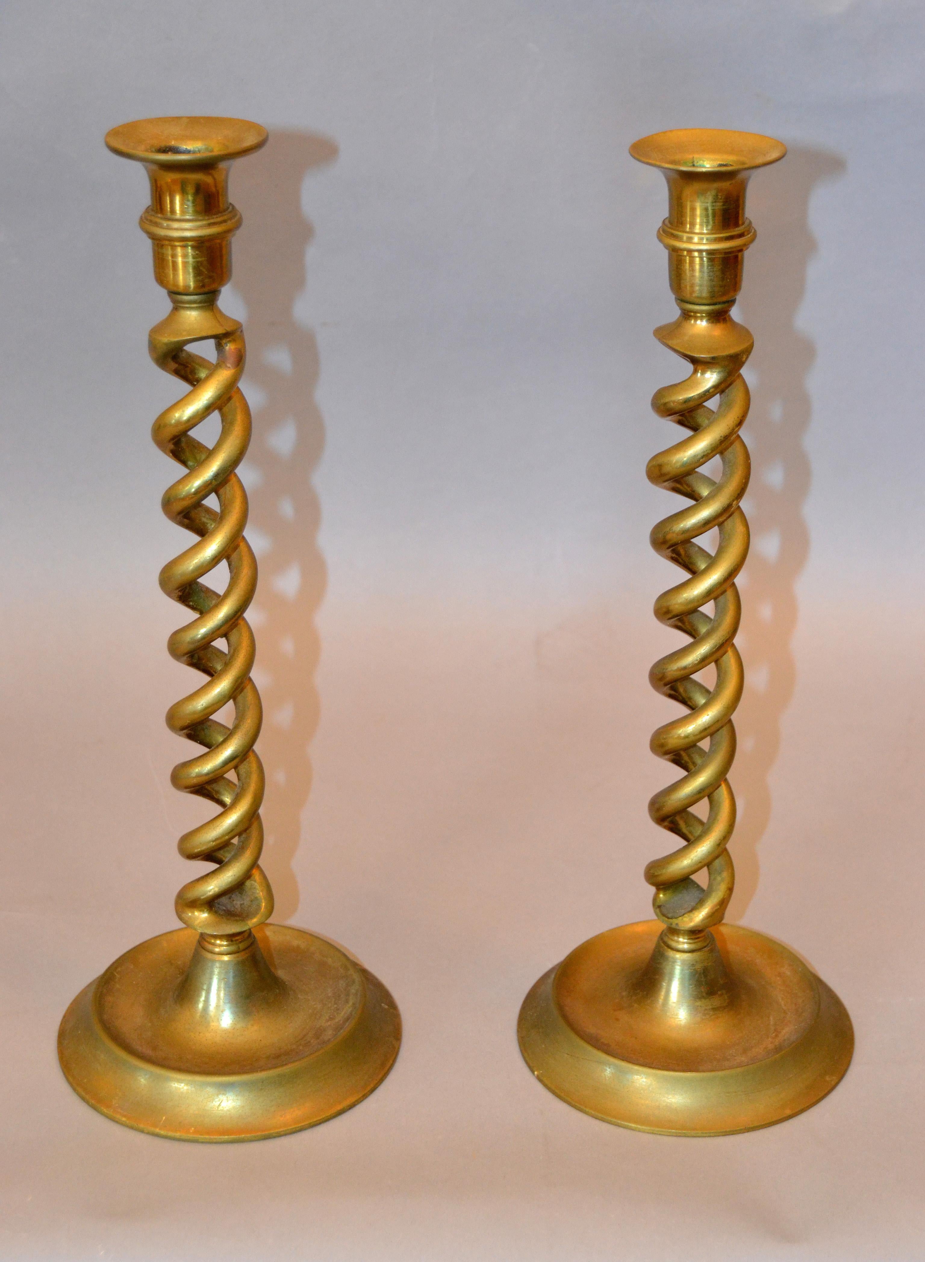 20th Century British Mid-Century Modern Spiral Bronze Candlesticks Made In England, Pair