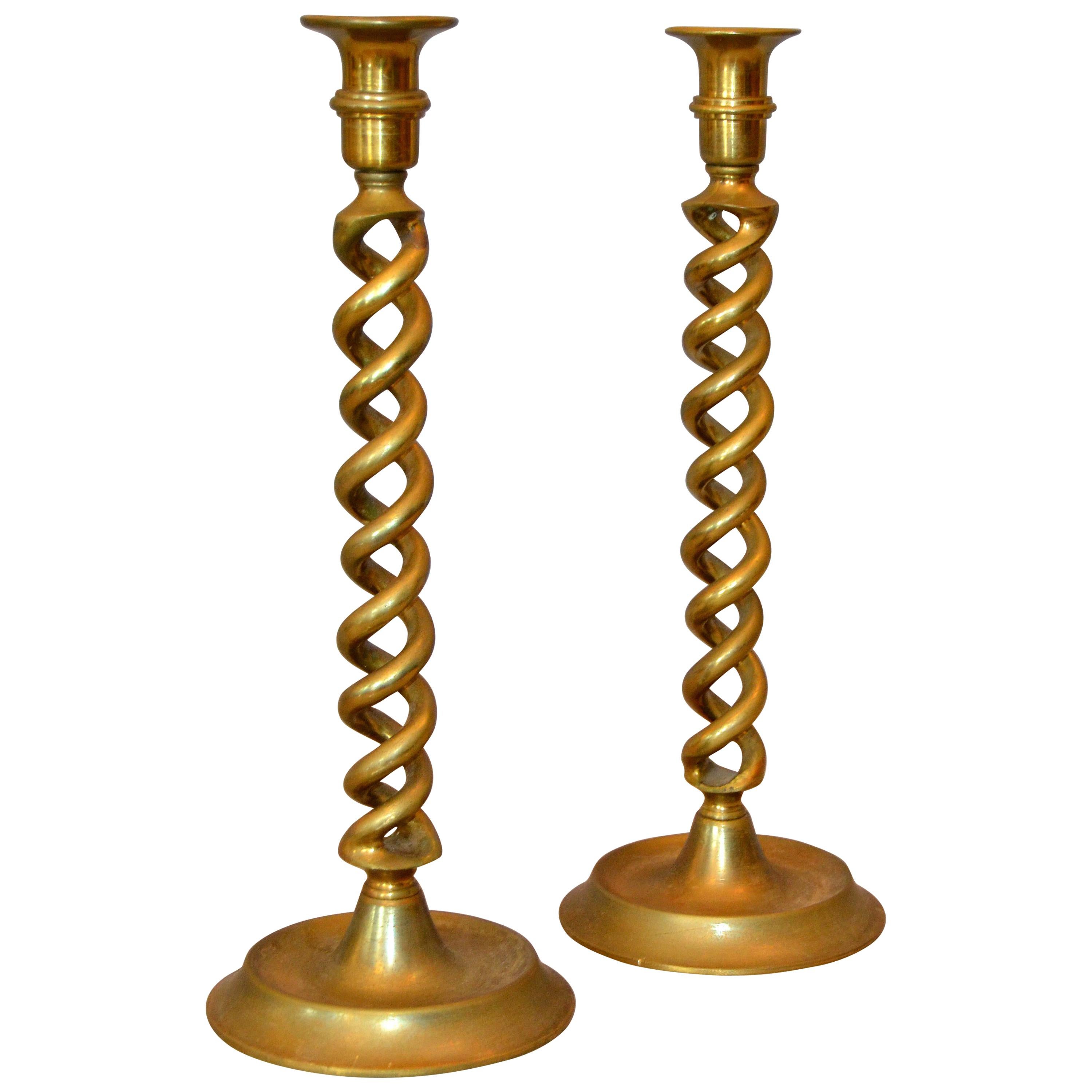 British Mid-Century Modern Spiral Bronze Candlesticks Made In England, Pair