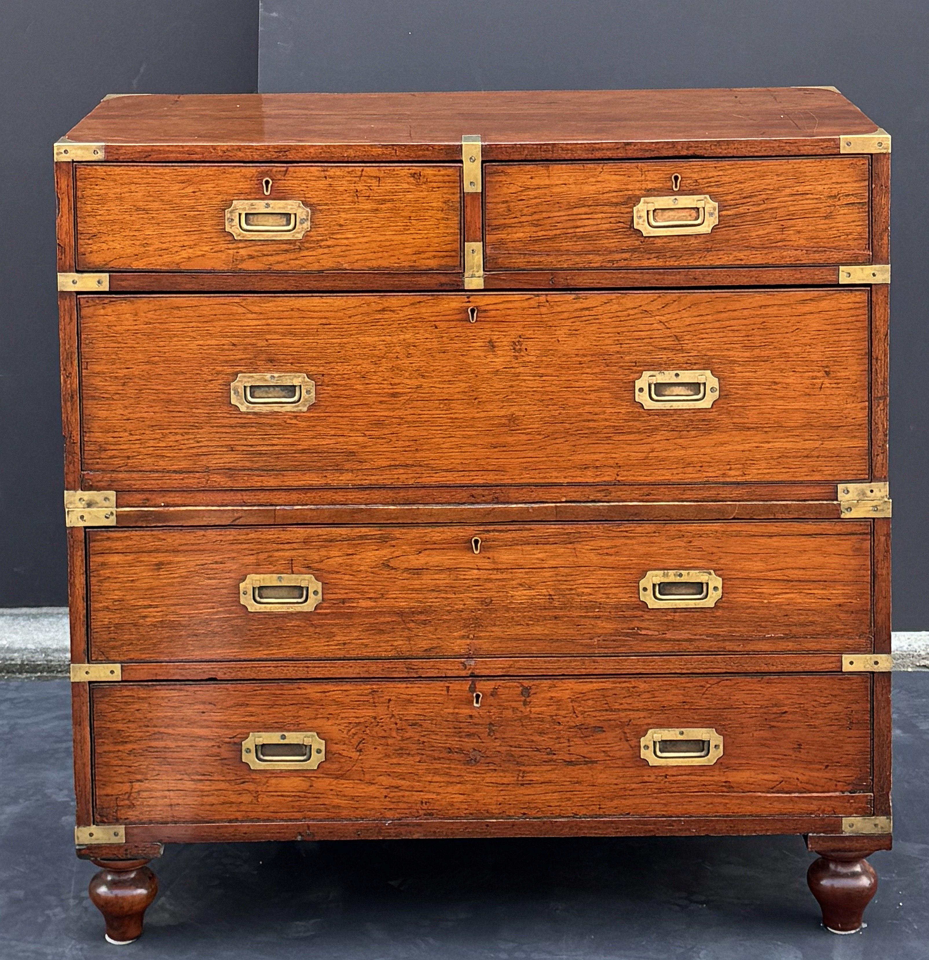 19th Century British Military Officer's Campaign Chest or Dresser of Brass-Bound Teak For Sale