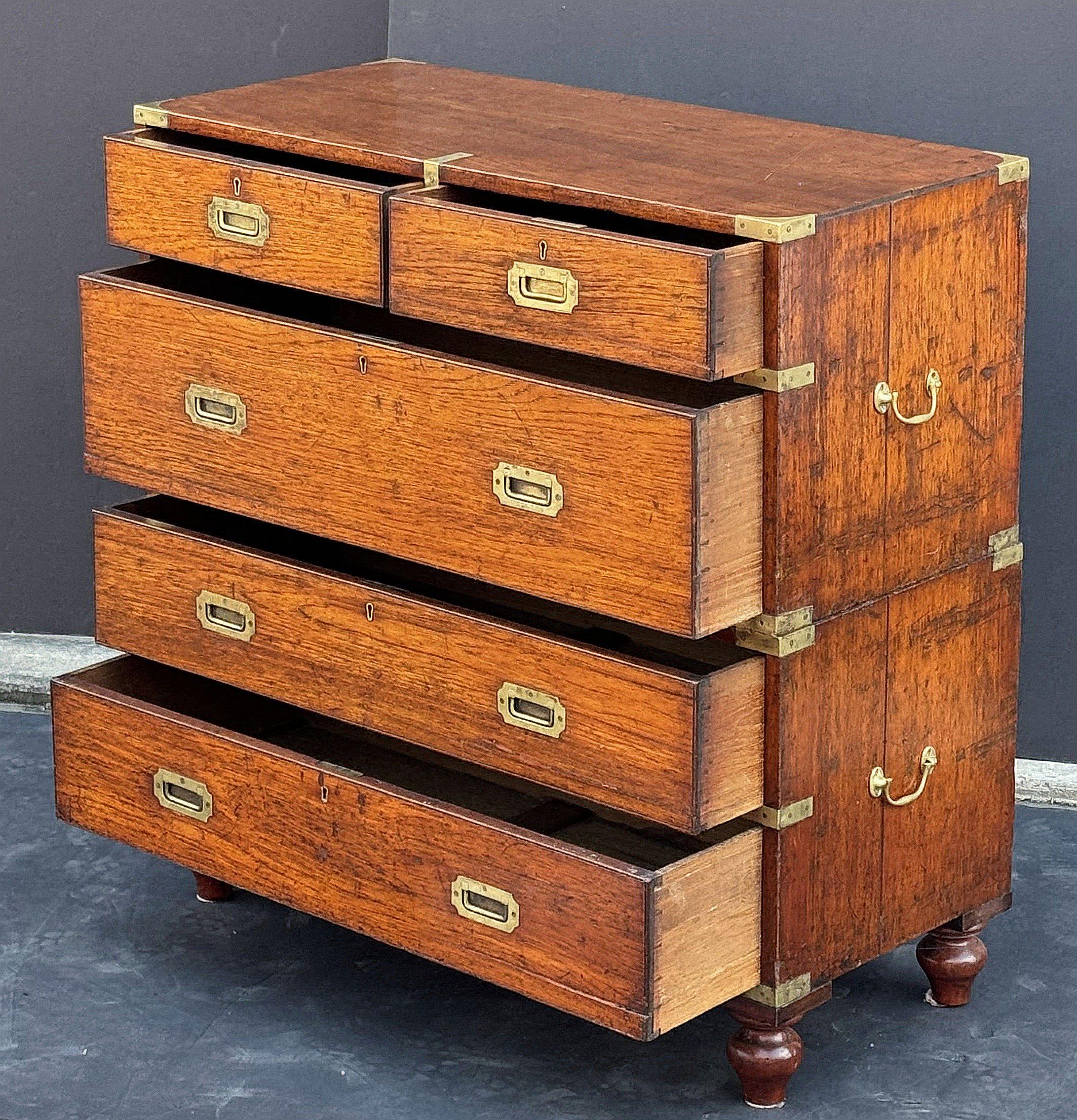 Metal British Military Officer's Campaign Chest or Dresser of Brass-Bound Teak For Sale