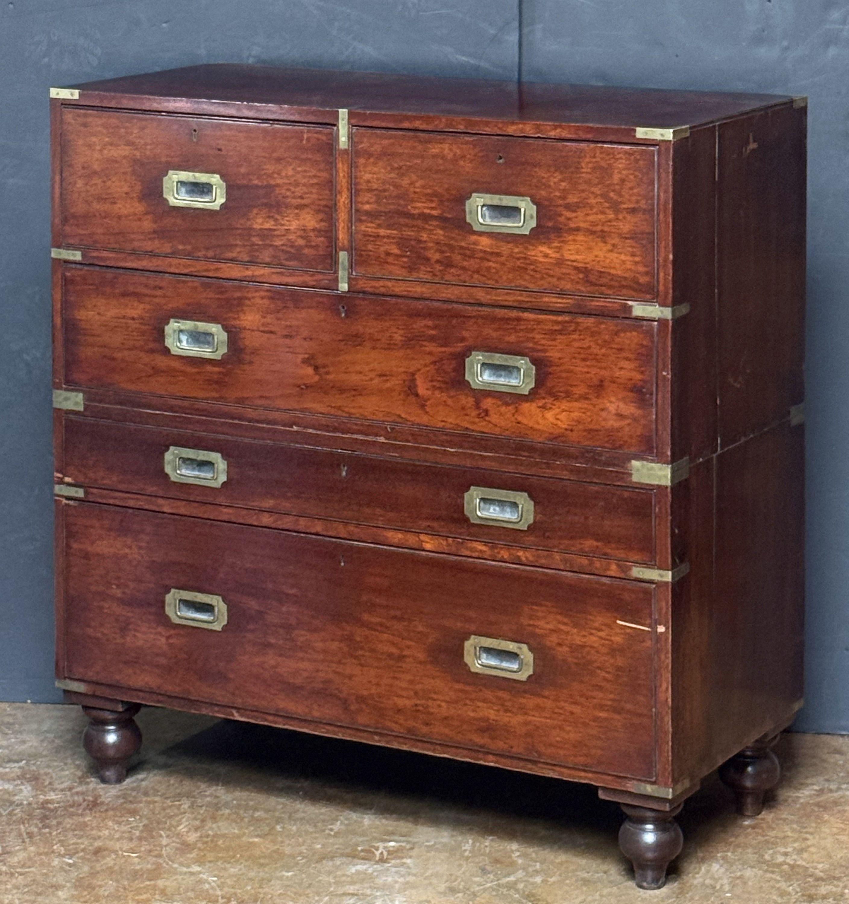 Inglese British Military Officer's Campaign Secretary Chest of Brass-Bound Wood in vendita