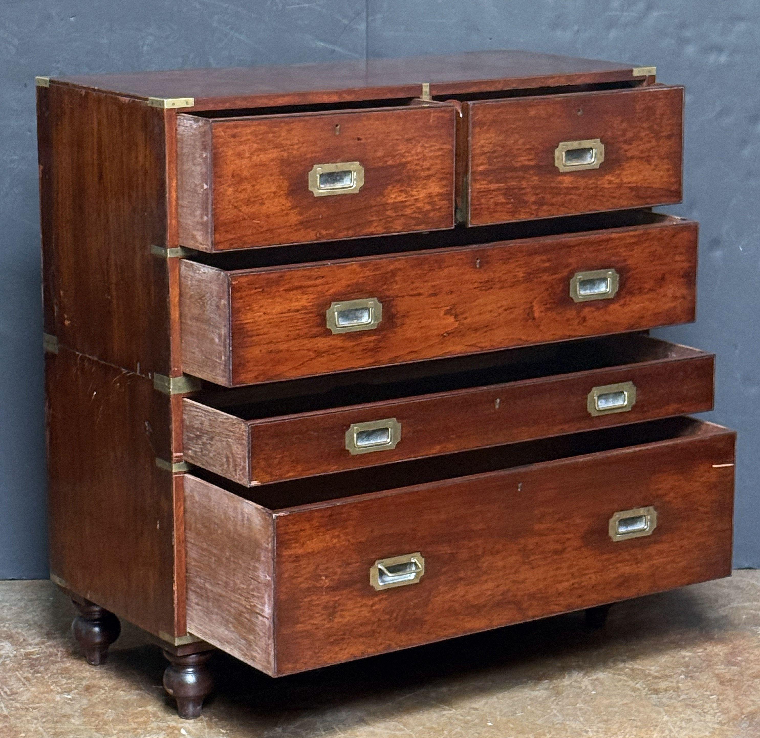 XIX secolo British Military Officer's Campaign Secretary Chest of Brass-Bound Wood in vendita