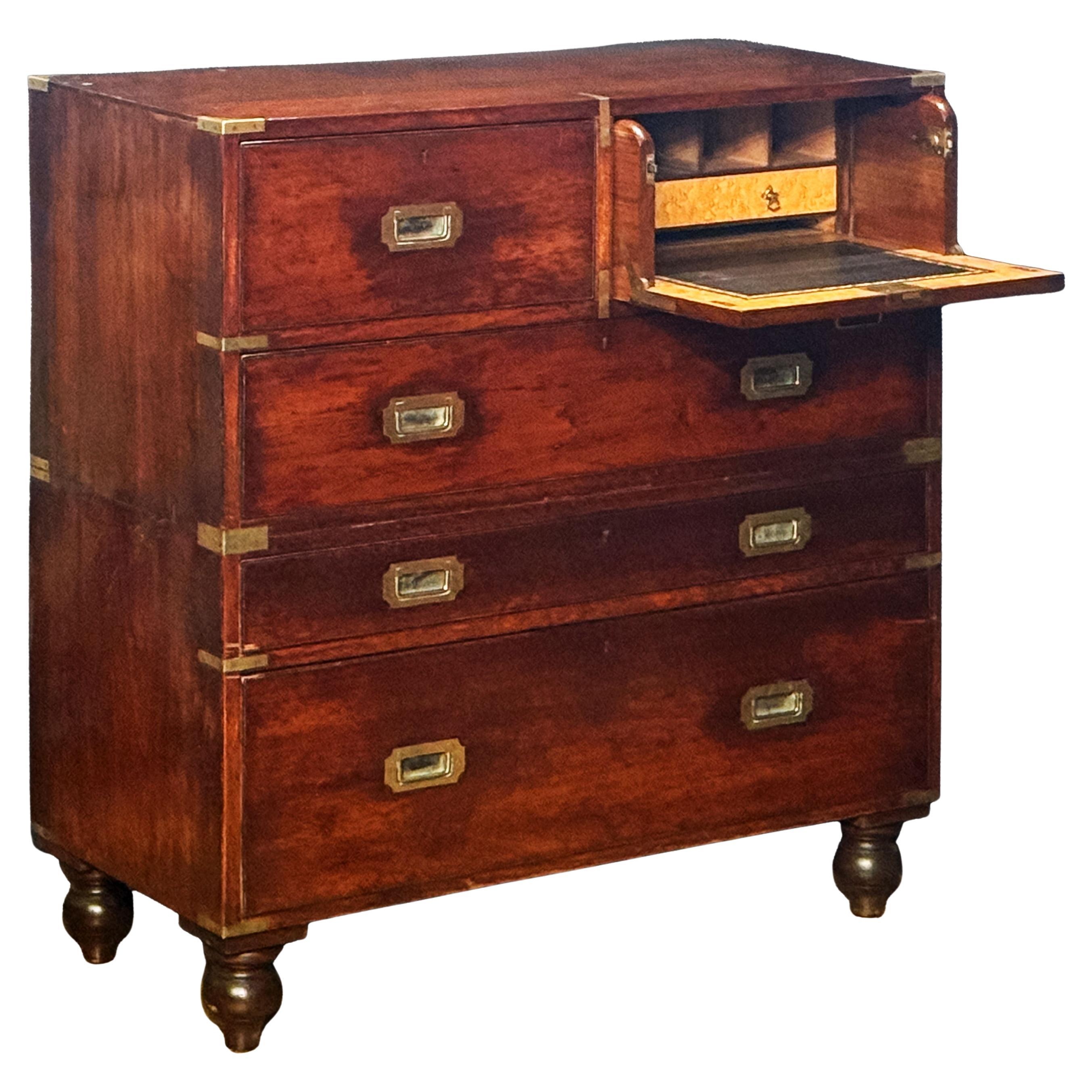 British Military Officer's Campaign Secretary Chest of Brass-Bound Wood in vendita