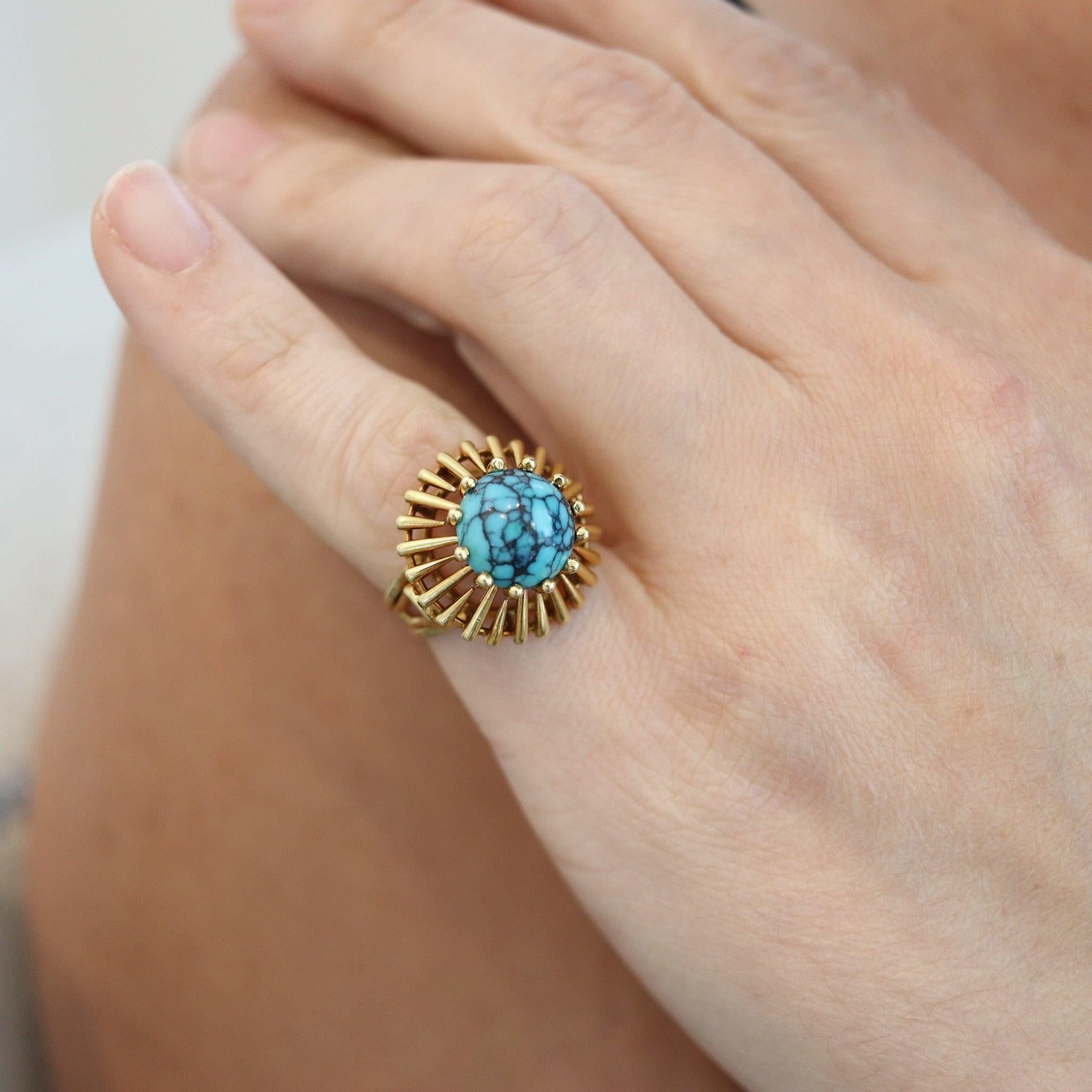British geometric ring with a Chrysocolla.

An amazing sculptural cocktail ring, created in England during the modernism period, back in the 1970. The ring has been carefully crafted with geometric round patterns in solid yellow gold of 18 karats