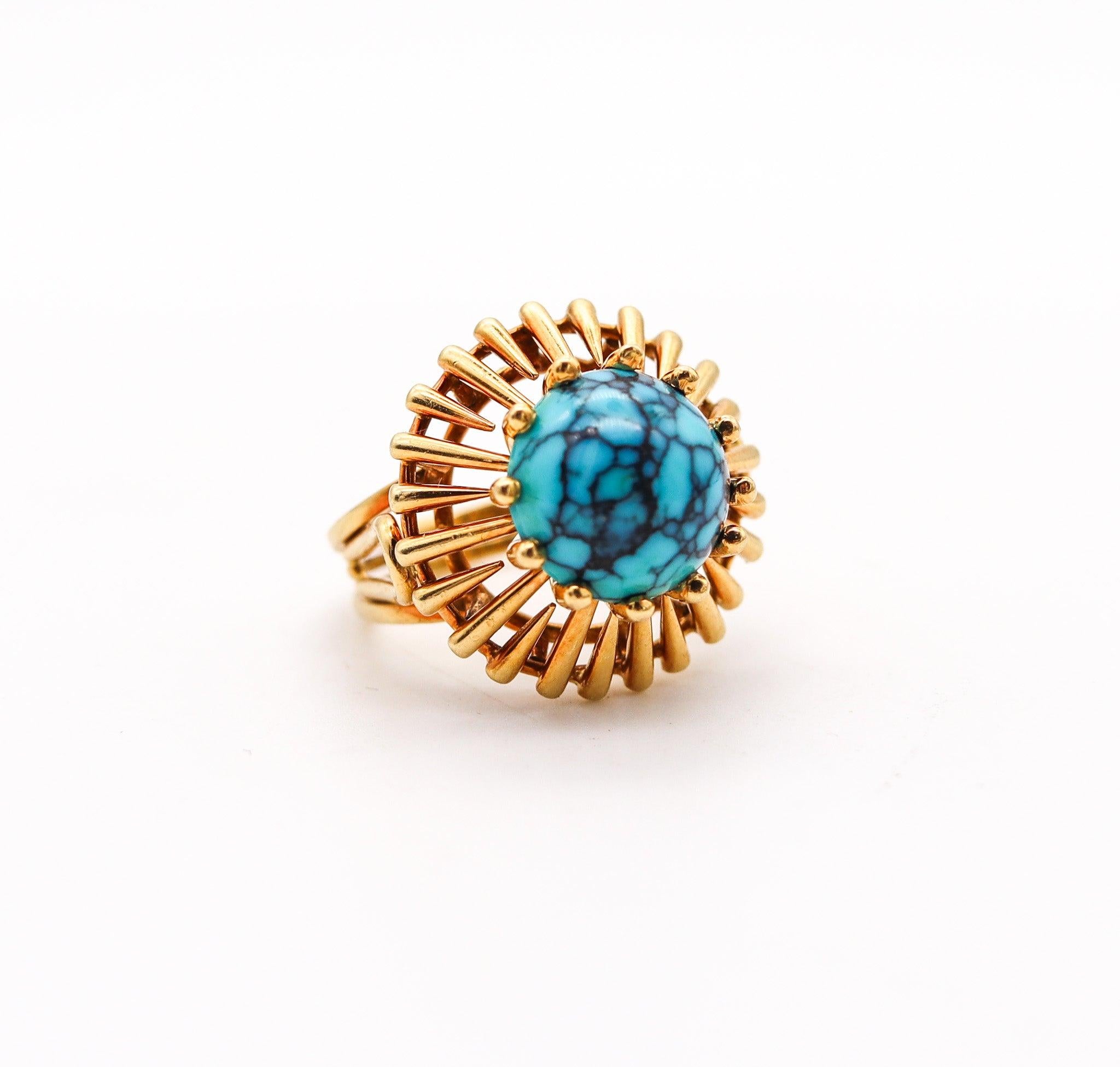 Modernist BRITISH MODERNISM Geometric Cocktail Ring In 18Kt Yellow Gold With Chrysocolla For Sale