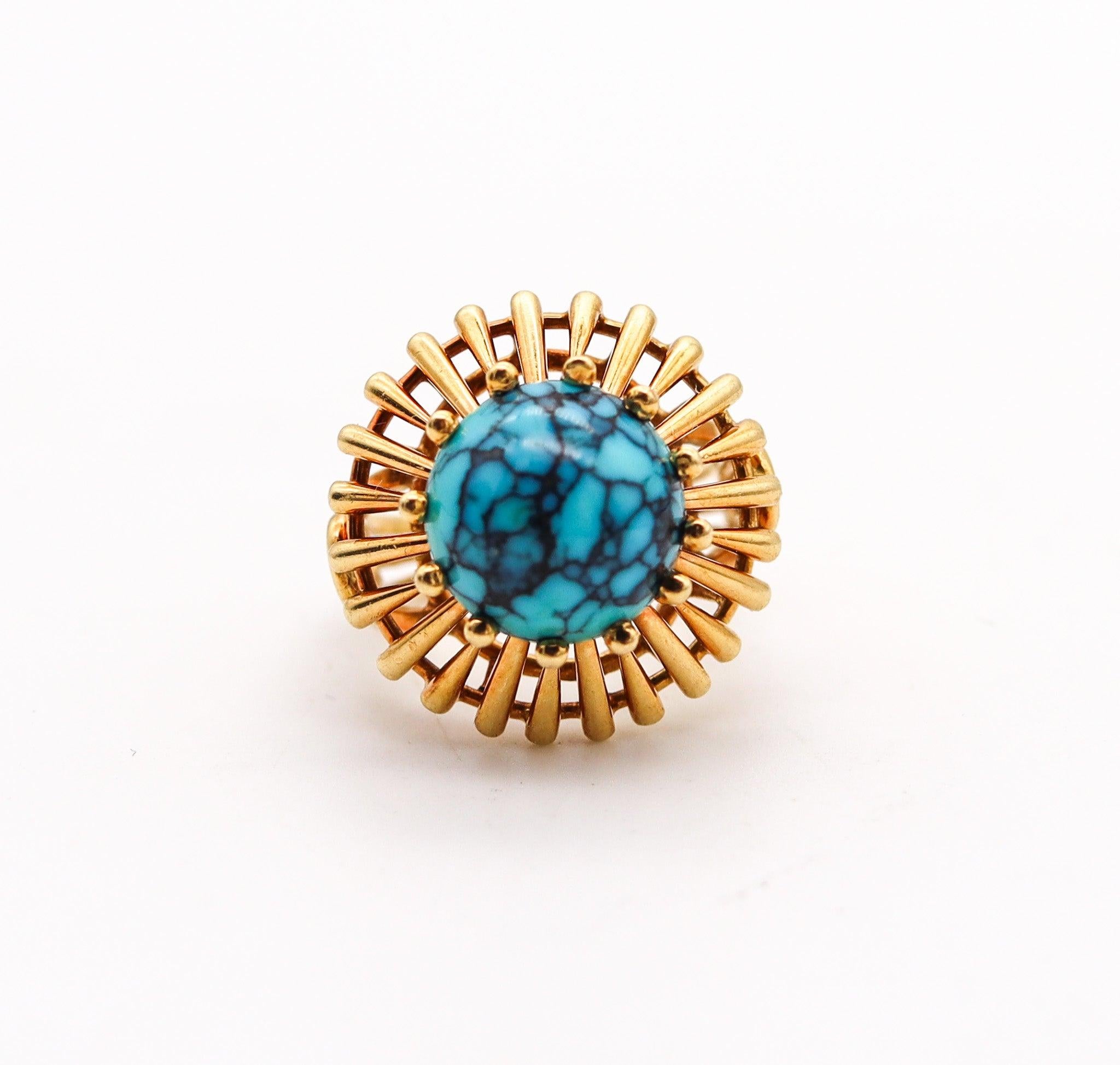 Cabochon BRITISH MODERNISM Geometric Cocktail Ring In 18Kt Yellow Gold With Chrysocolla For Sale