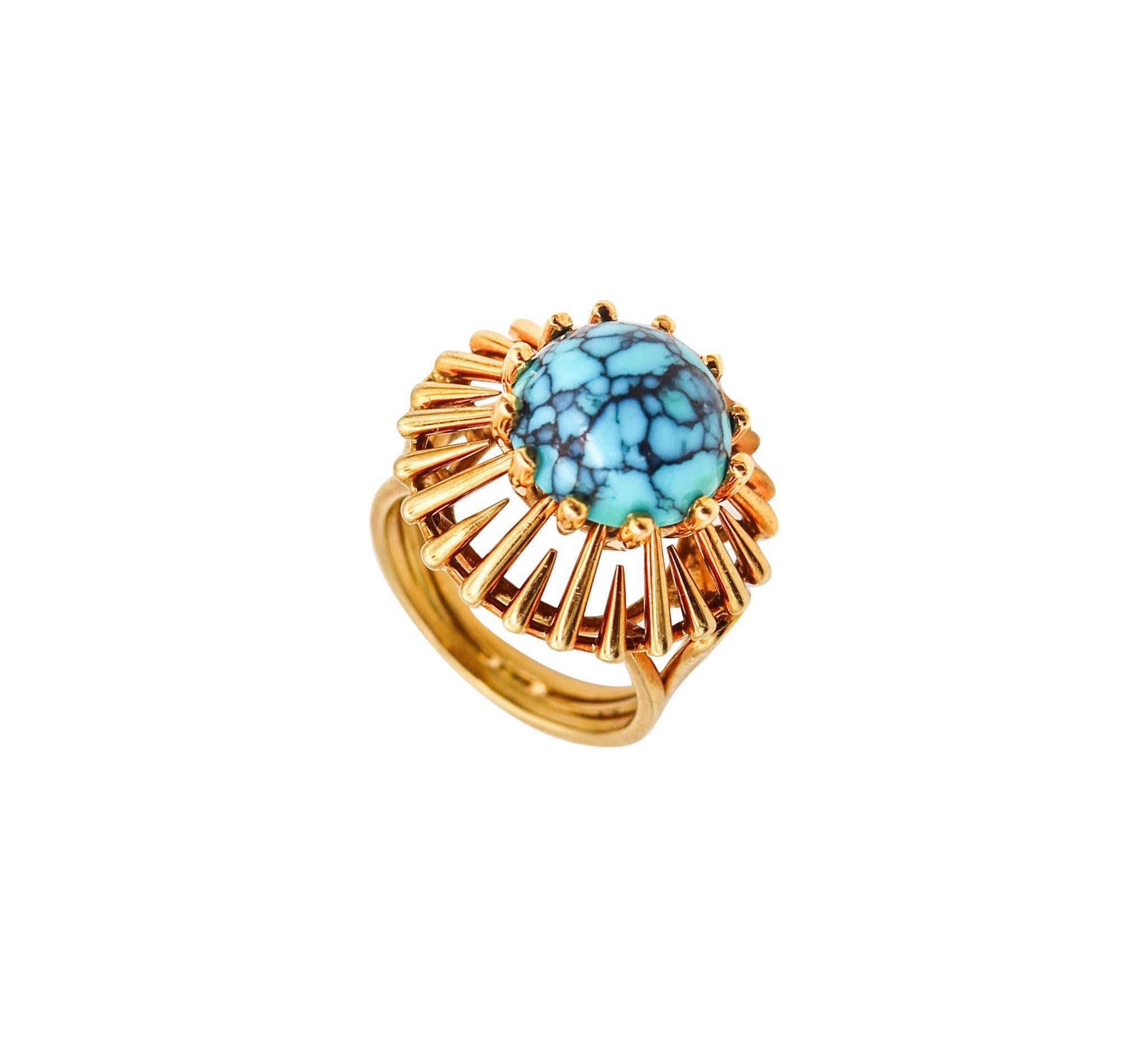 BRITISH MODERNISM Geometric Cocktail Ring In 18Kt Yellow Gold With Chrysocolla For Sale 2