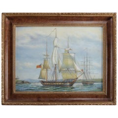 British Oil on Board Maritime Harbor Scene Painting with Tall Mast Ship