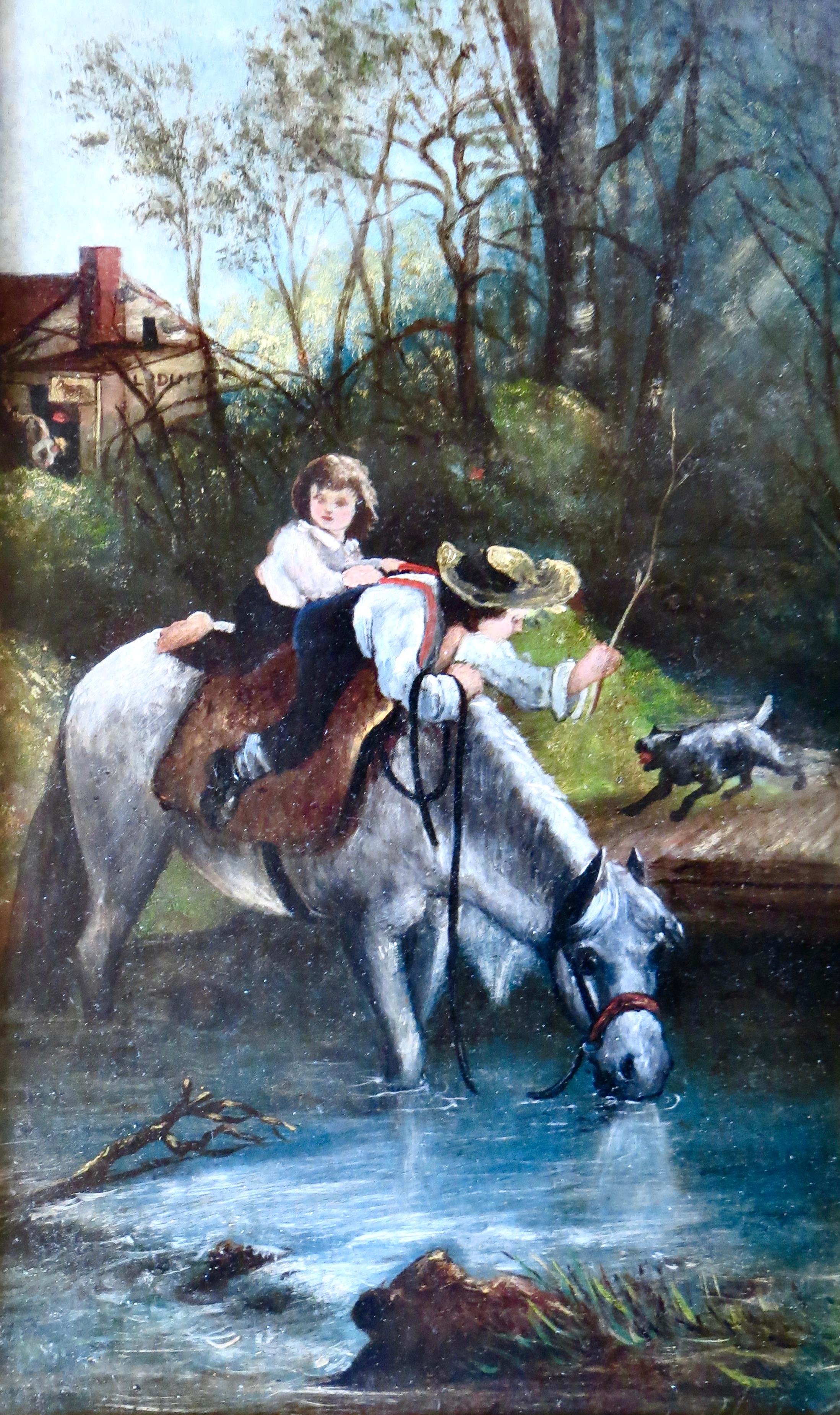 Charmante huile sur panneau britannique du début du 19e siècle de qualité supérieure ; petite peinture avec beaucoup de choses à faire ; sujet. Scène rurale de deux jeunes garçons gambadant sur des chevaux blancs au bord de l'eau, vêtus de vêtements