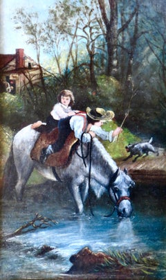 British Oil On Board Painting. Rural Subject, "Boys on Horseback" Circa 1800