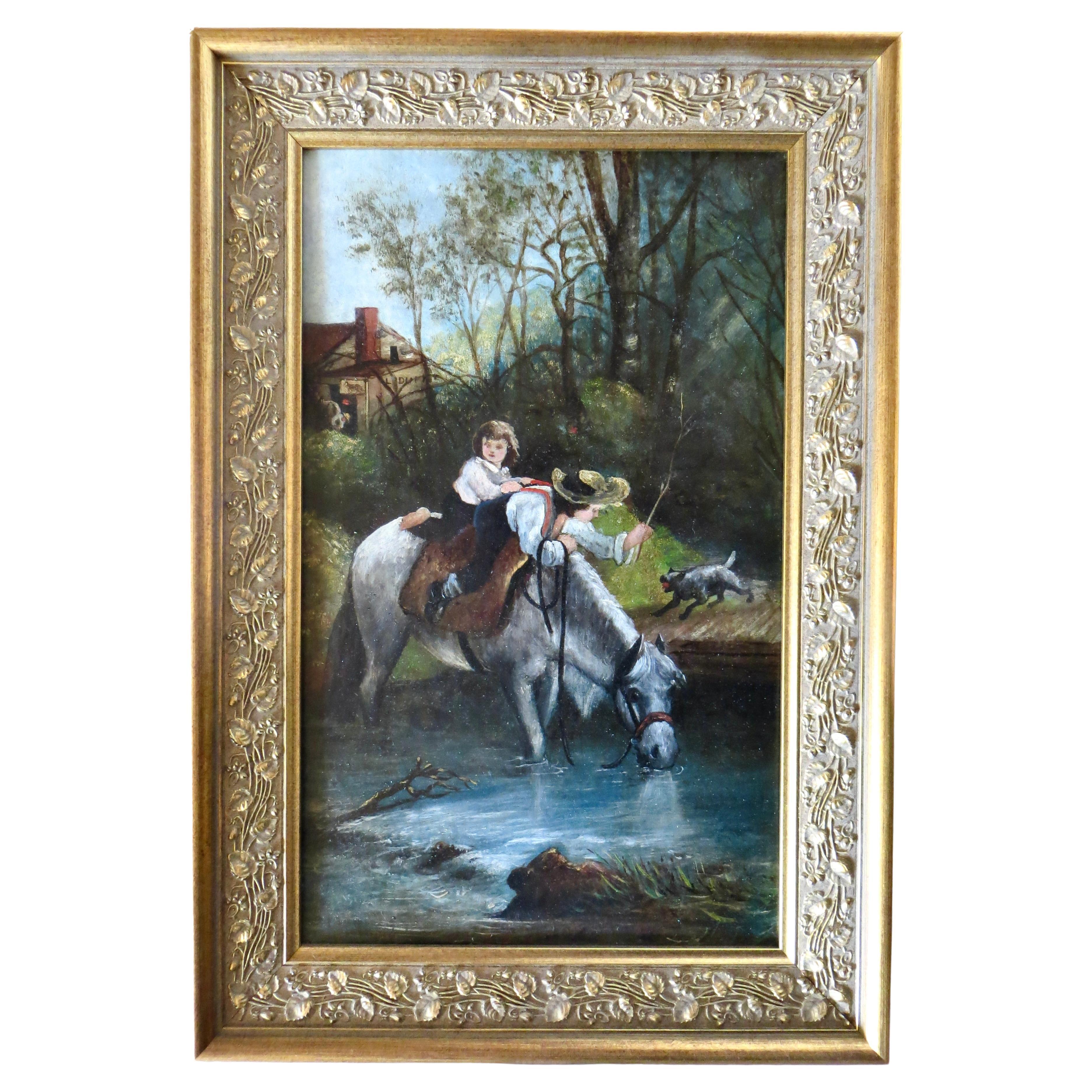 British Oil On Board Painting. Rural Subject, "Boys on Horseback" Circa 1800