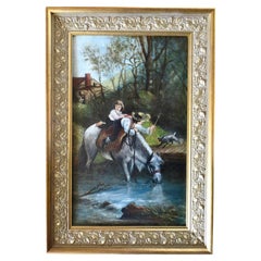 Pintura británica al óleo sobre tabla. Tema rural, "Muchachos a caballo" Circa 1800
