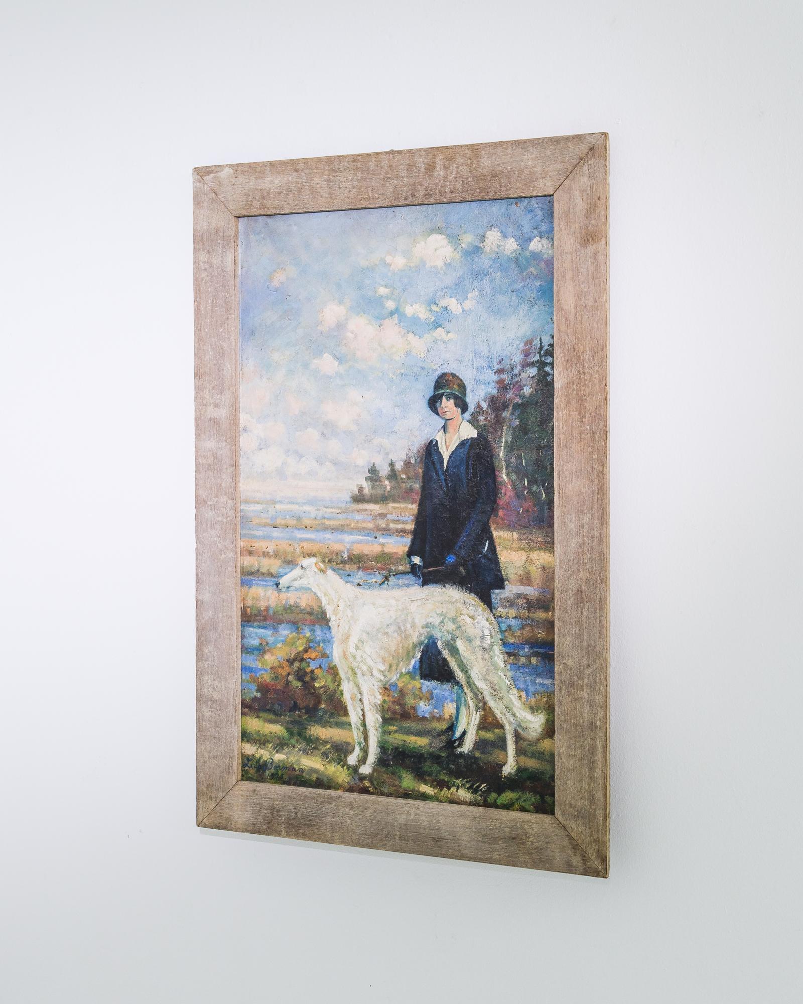 A painting in a wooden frame, depicting a woman in a marshland landscape with a large white dog. The date of the painting and the name of the artist can be found in the lower left hand corner: Lisa Borman, 1925. The loose, spontaneous brushstrokes