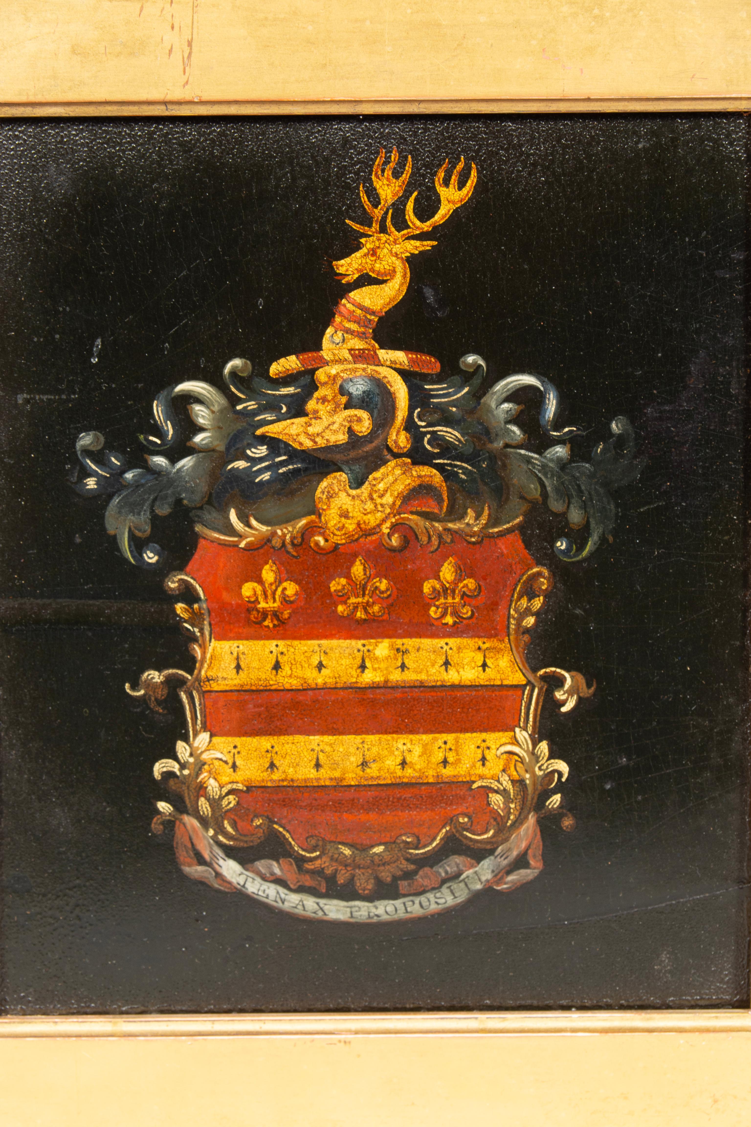 Well painted crest with rich colors. With Latin inscription 'Tenax Propositi' . Translates as Tenacious/Firm of purpose. Framed.