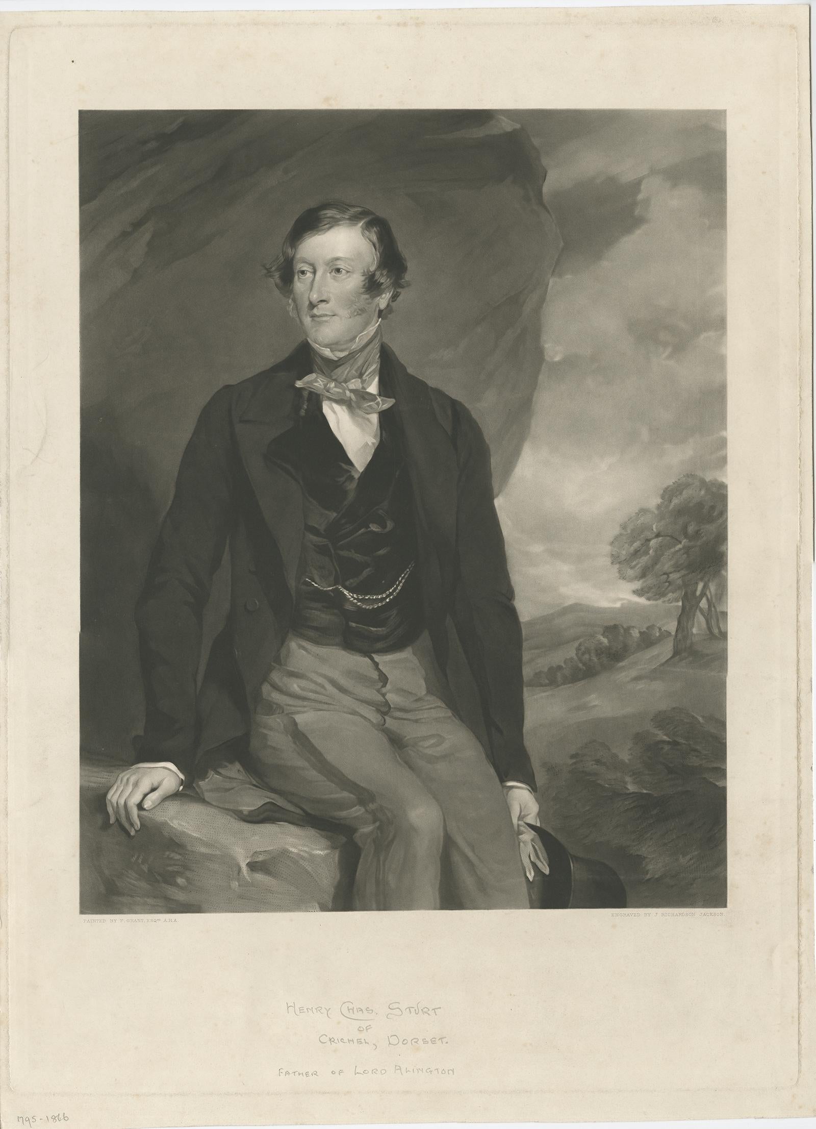 Antique mezzotint of Henry Charles Sturt, with handwritten titles. Henry Charles Sturt of Crichel House, Dorset, was a British landowner and politician. 

Artists and engravers: Engraved by J. Richardson Jackson after a painting by F. Grant.

Henry