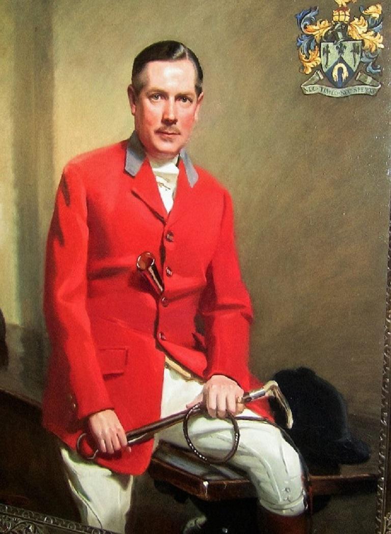 Stunning quality and highly important piece of British Art. 
British oil on canvas Portrait of a Fox Huntsman by Frank Owen Salisbury (AKA The Painter Laureate) dated 1940/41.
With the assistance of the College of Coat of Arms in London, we have