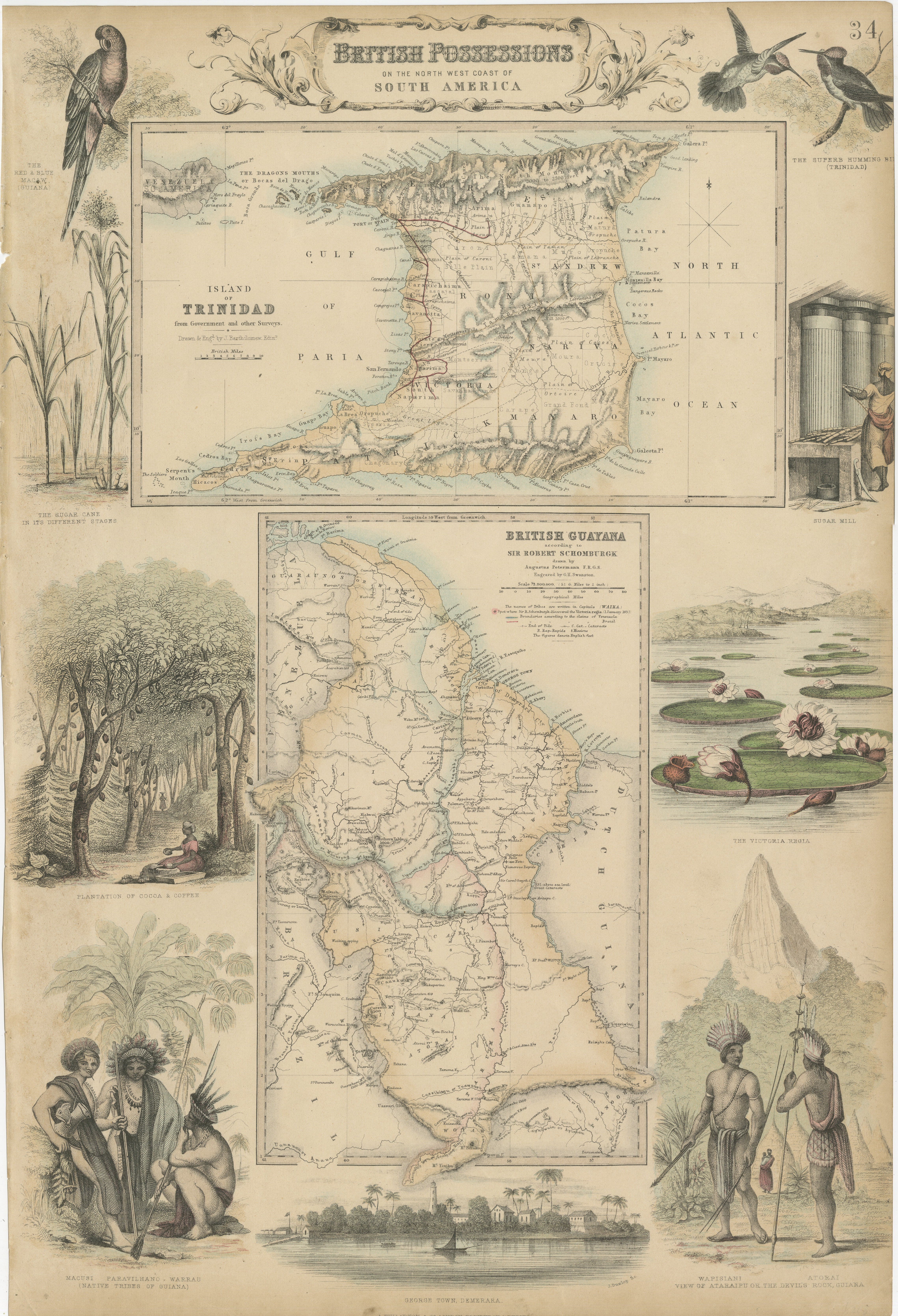 The antique print is a page from an 1860 A Fullarton atlas, providing a comprehensive view of the British possessions on the northwest coast of South America during that time. It features a detailed map of the Island of Trinidad, as well as maps of