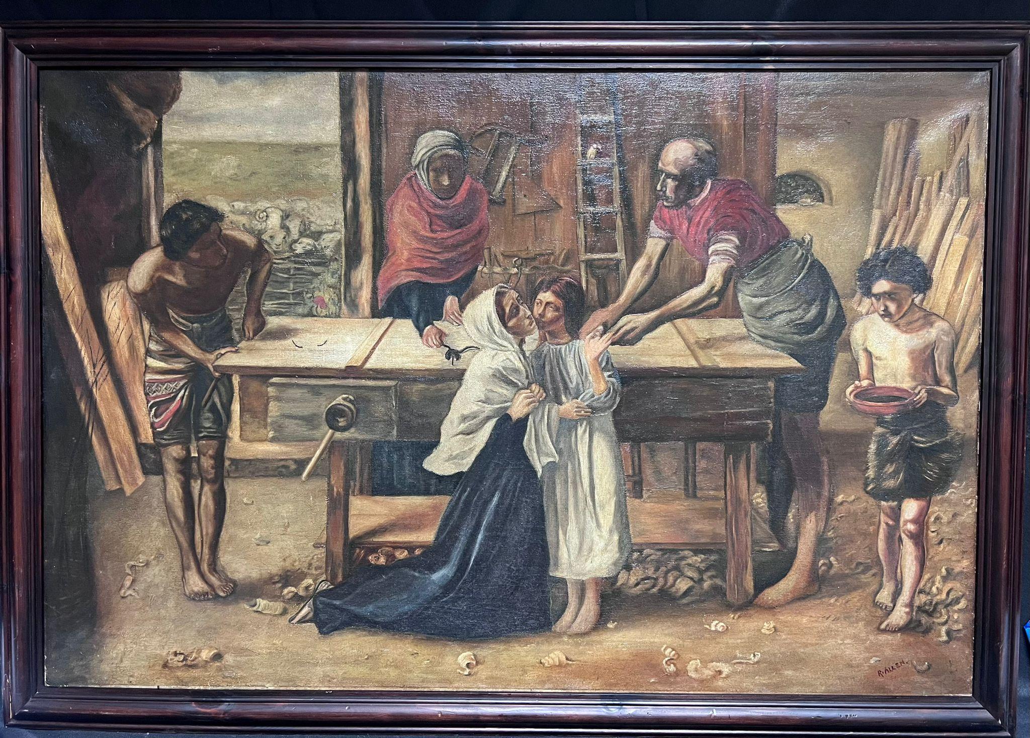 Christ in the House of His Parents The Carpenters Workshop Antique English Oil  - Painting by British Pre-Rapaelite School