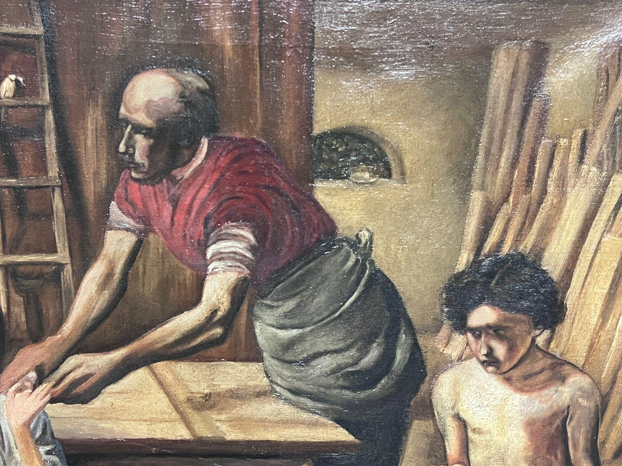 Christ in the House of His Parents, The Carpenters Workshop, antikes englisches Ölgemälde  (Präraphaelismus), Painting, von British Pre-Rapaelite School