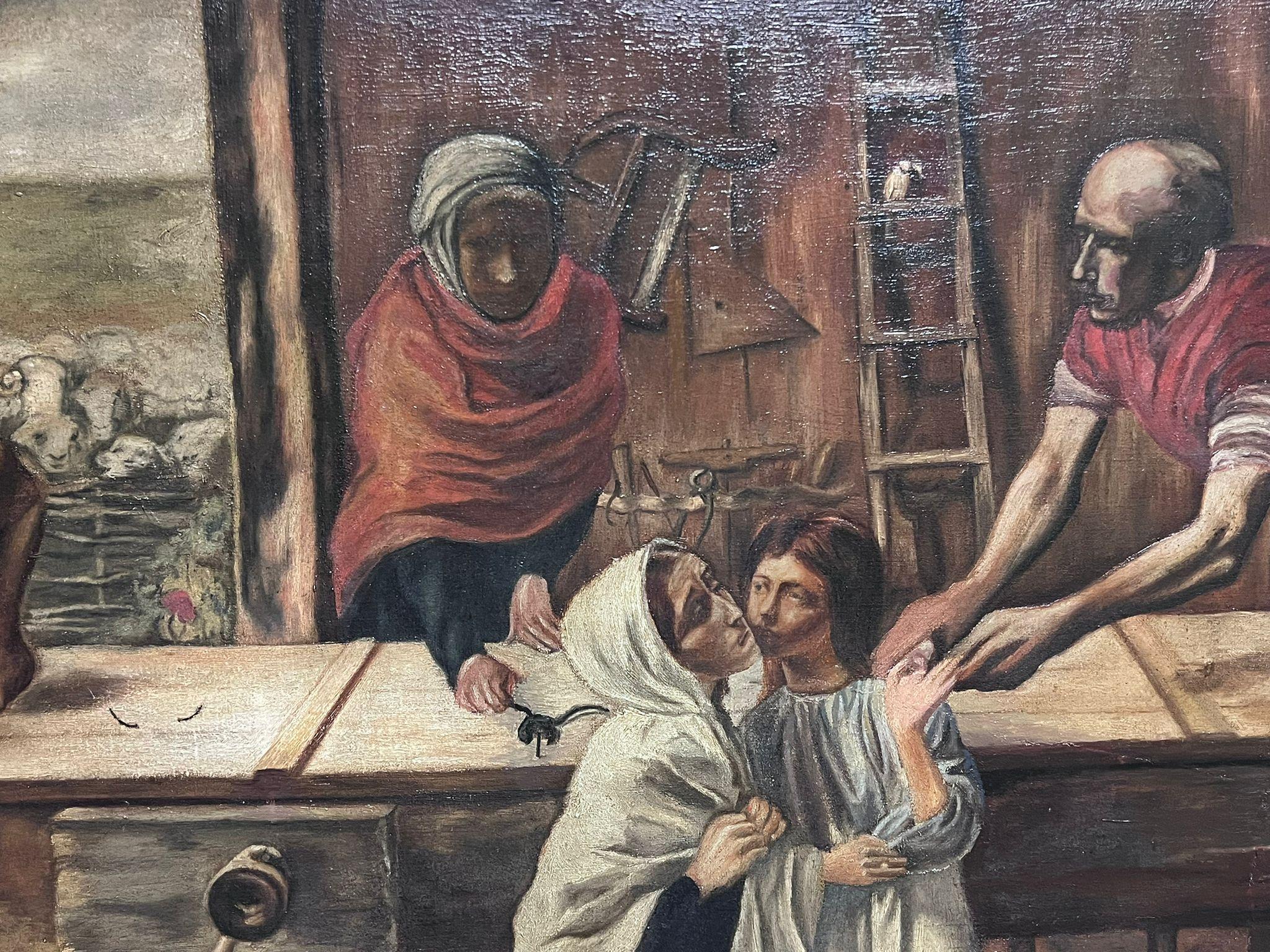 Christ in the House of His Parents The Carpenters Workshop Antique English Oil  - Pre-Raphaelite Painting by British Pre-Rapaelite School