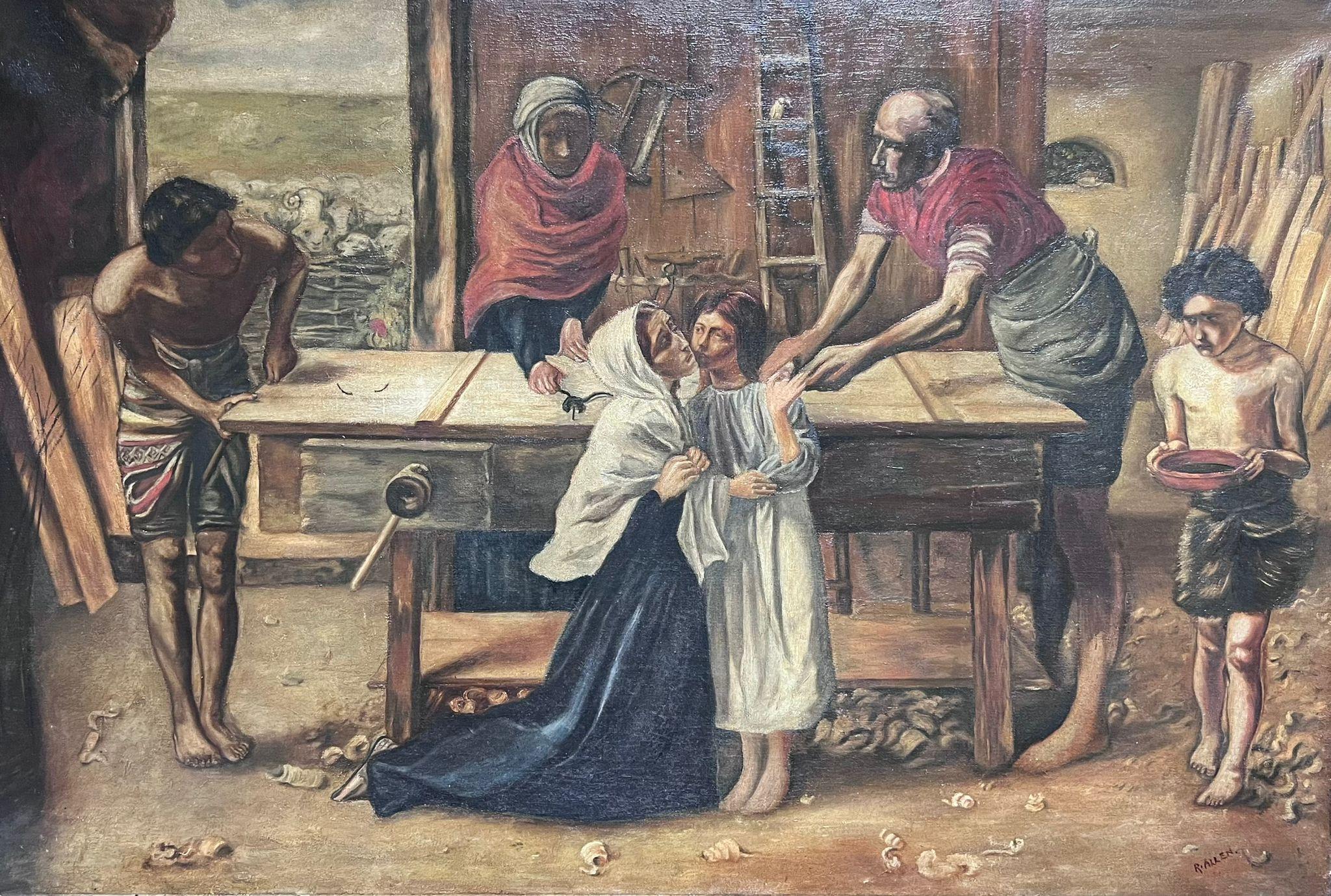 British Pre-Rapaelite School Figurative Painting – Christ in the House of His Parents, The Carpenters Workshop, antikes englisches Ölgemälde 