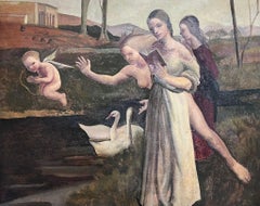 Huge 1900's British Pre-Raphaelite School Oil Painting Three Ladies Cupid & Swan