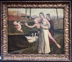 Immense peinture à l'huile de l'école britannique préraphaélite des années 1900 Trois dames Cupidon et Swan