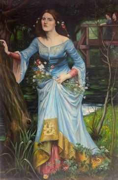 Grande peinture à l'huile sur toile d'après une peinture préraphaélite représentant une femme au jardin