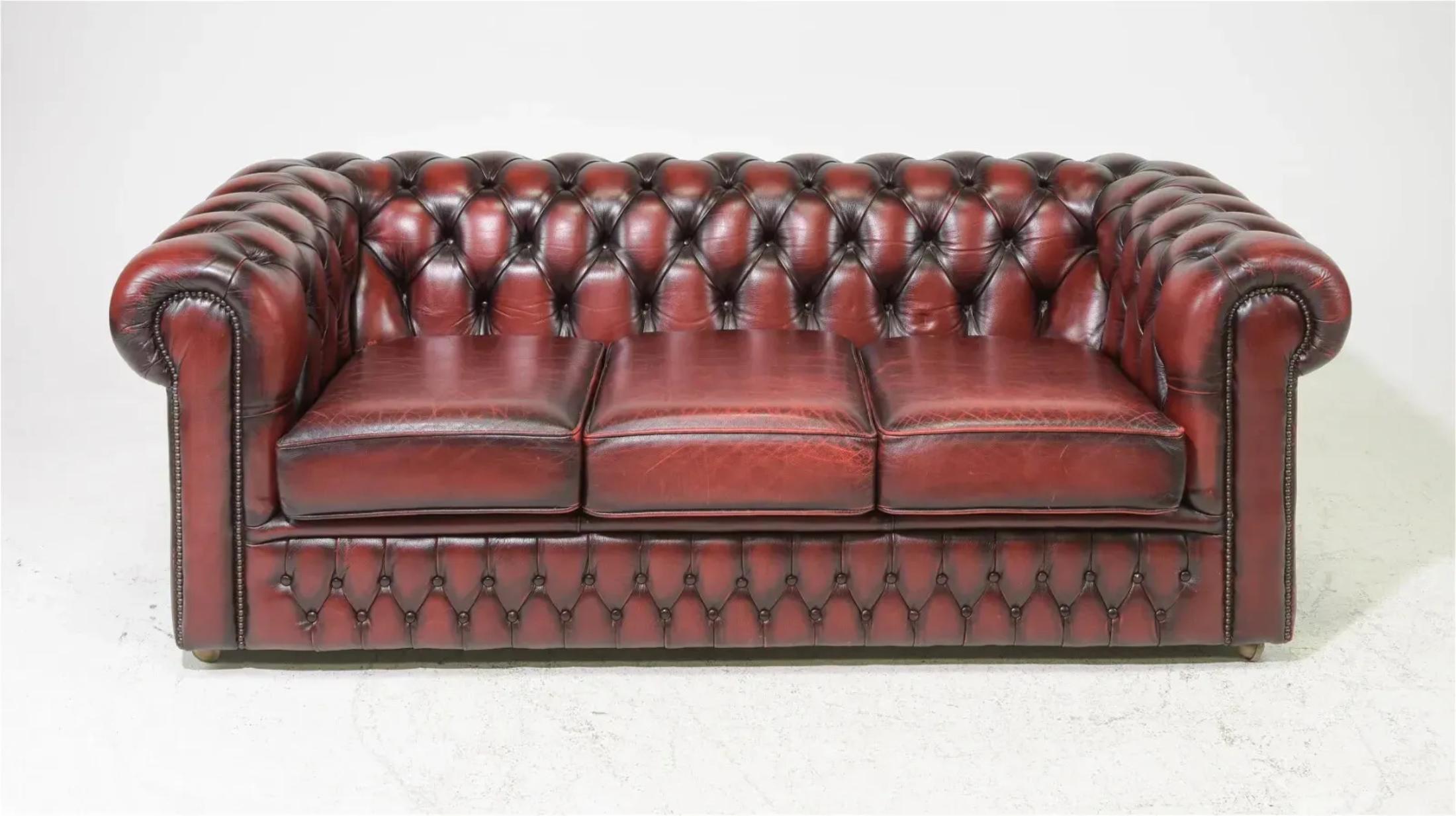 English British, Red Leather, Button Tufted, 3- Seater, From England, Chesterfield Sofa!