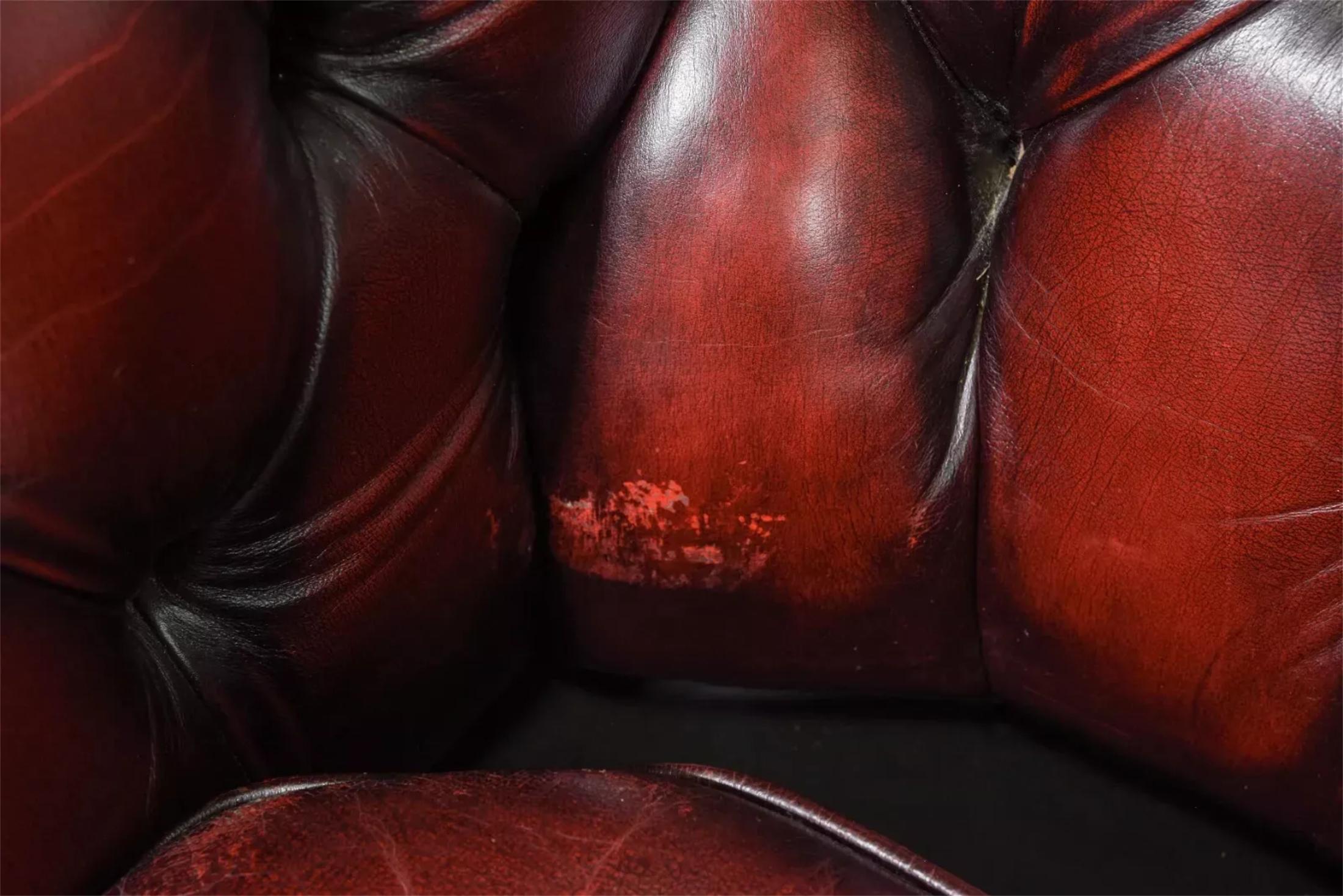 20th Century British, Red Leather, Button Tufted, 3- Seater, From England, Chesterfield Sofa!