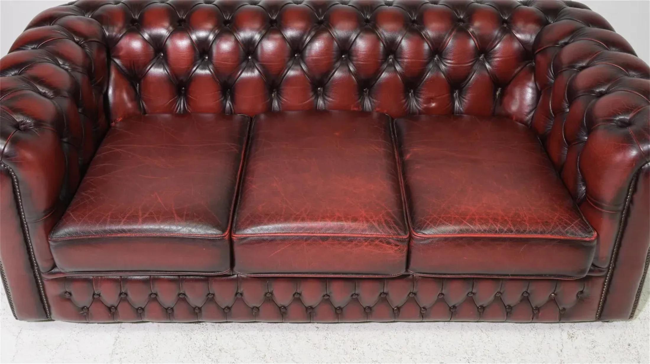 British, Red Leather, Button Tufted, 3- Seater, From England, Chesterfield Sofa! 1